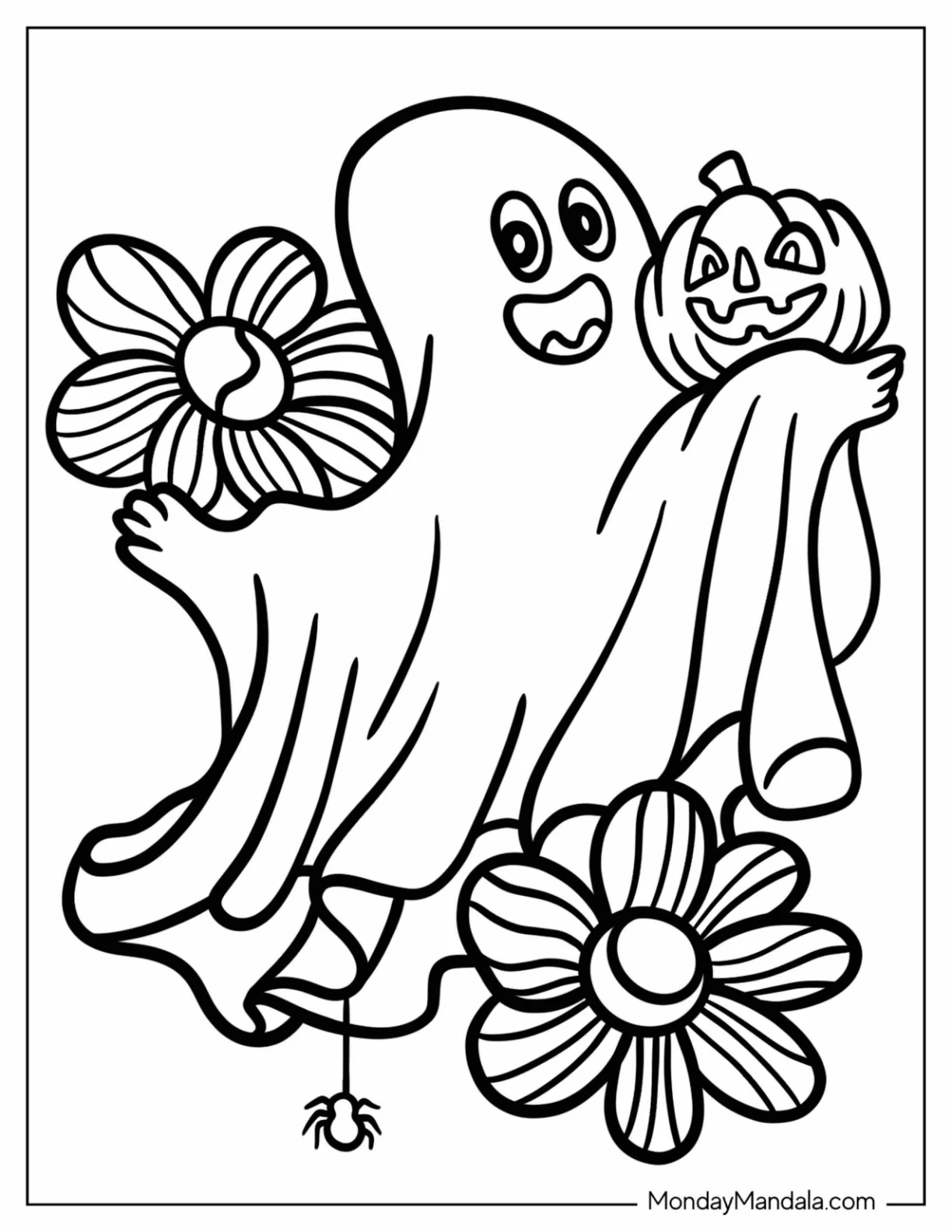 Dancing Blanket Ghost Coloring Page With Flowers And Jack O Lanterns coloring page — printable line art