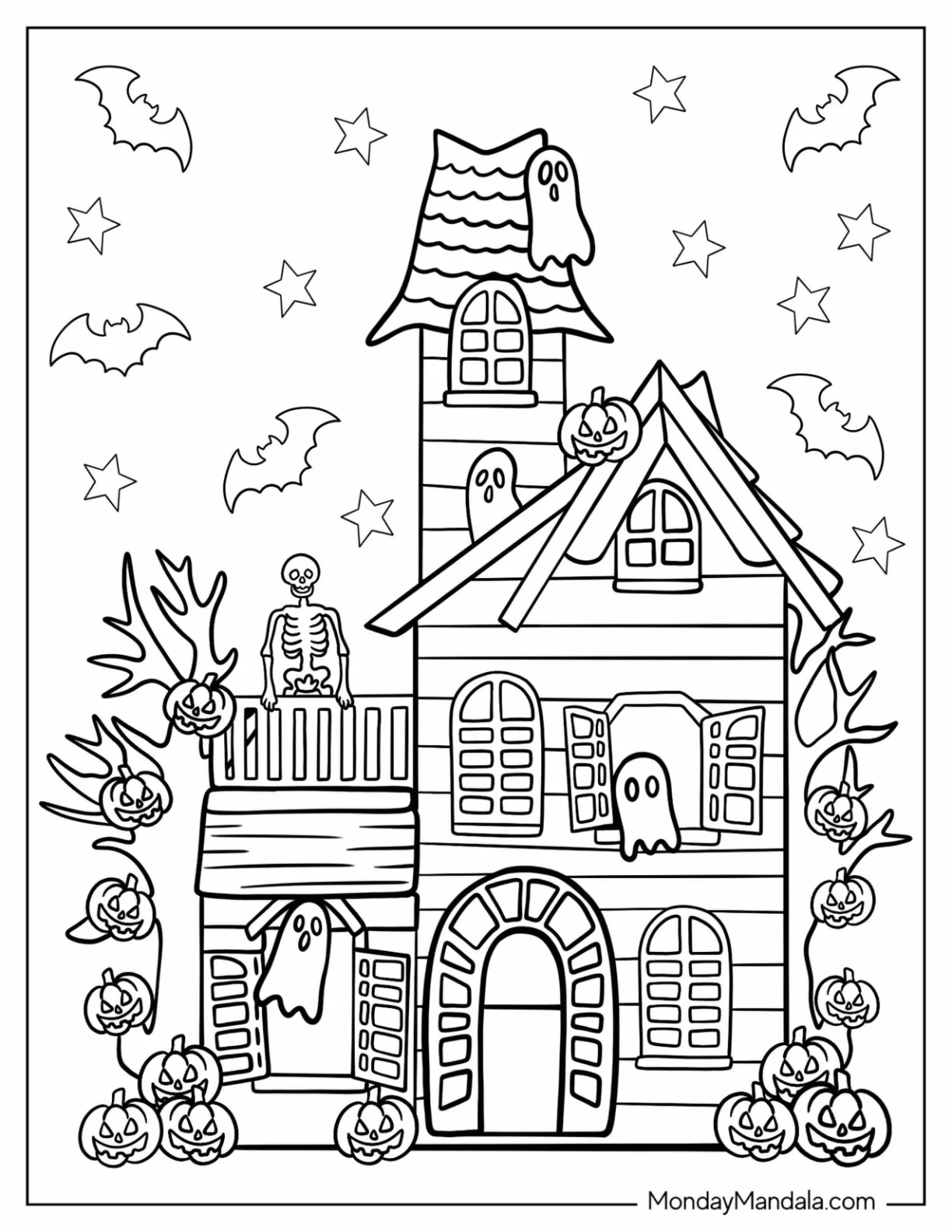 Detailed Haunted House With Ghost Coloring Page, Skeletons, And Jack O Lanterns coloring page — printable line art