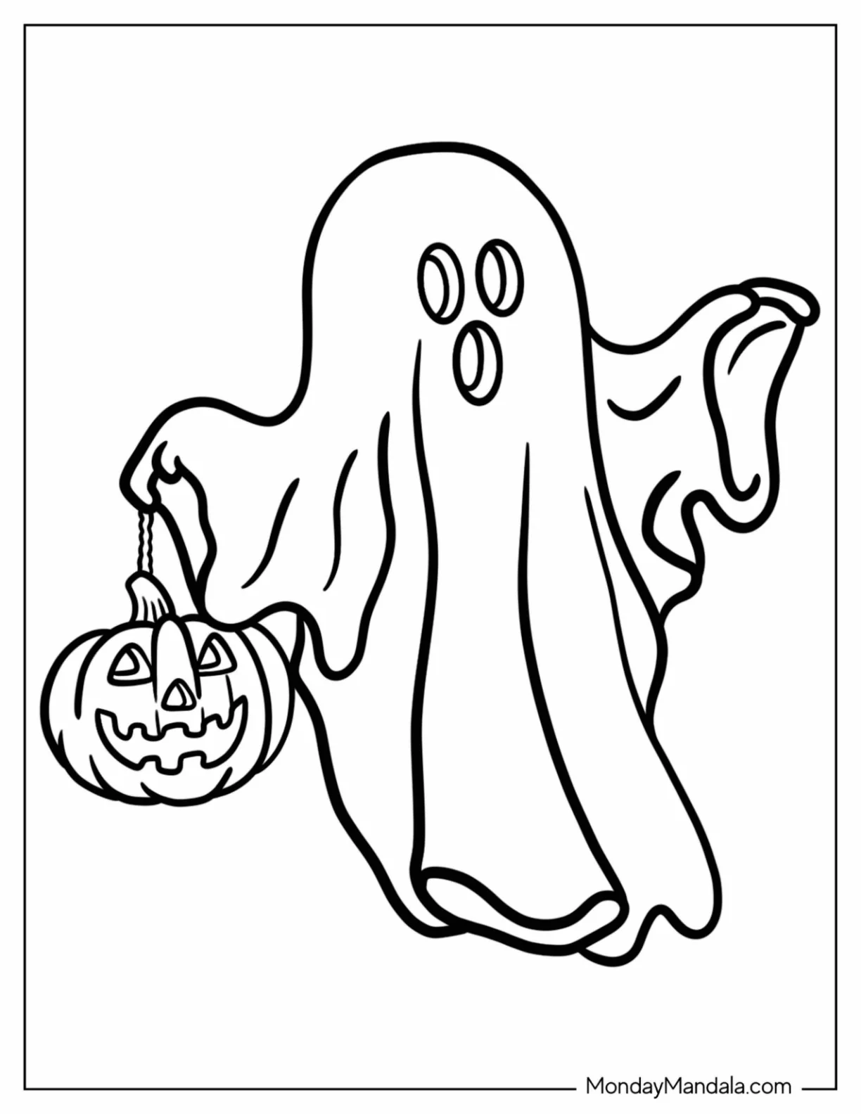 Easy Ghost Coloring Page Holding A Jack O Lantern For Kids coloring page — printable line art