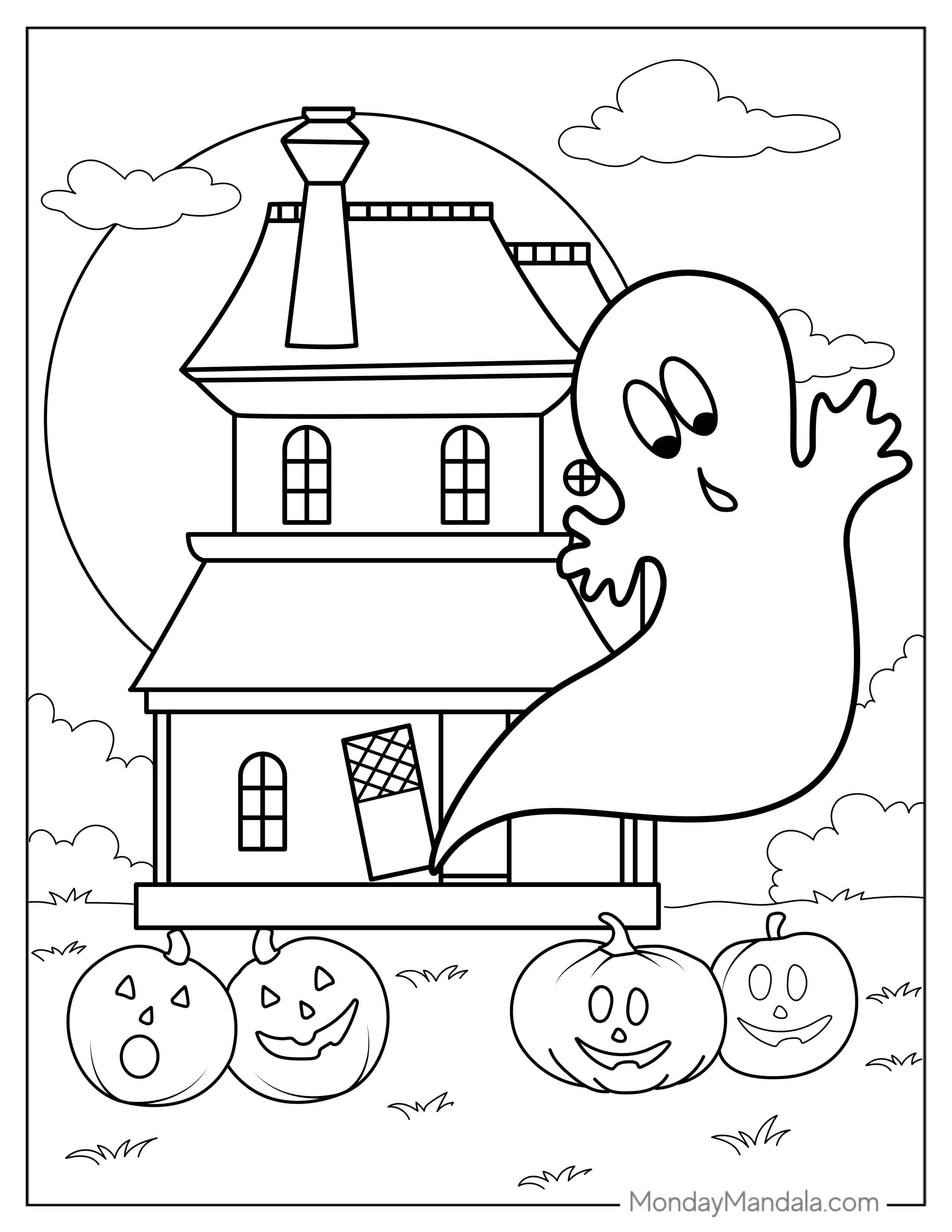Easy-To-Color-Ghost-And-Haunted-House-For-Preschoolers coloring page