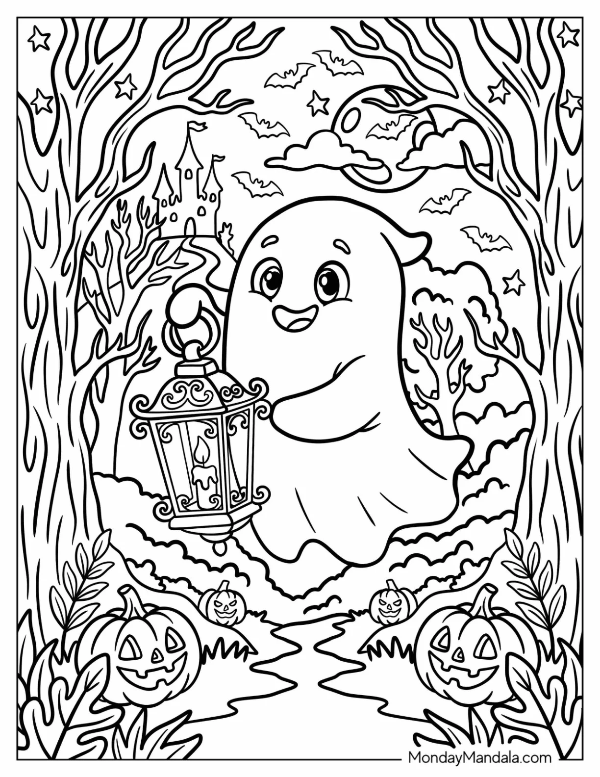 Floating Ghost with Elegant Lantern in the Forest Coloring Page coloring page