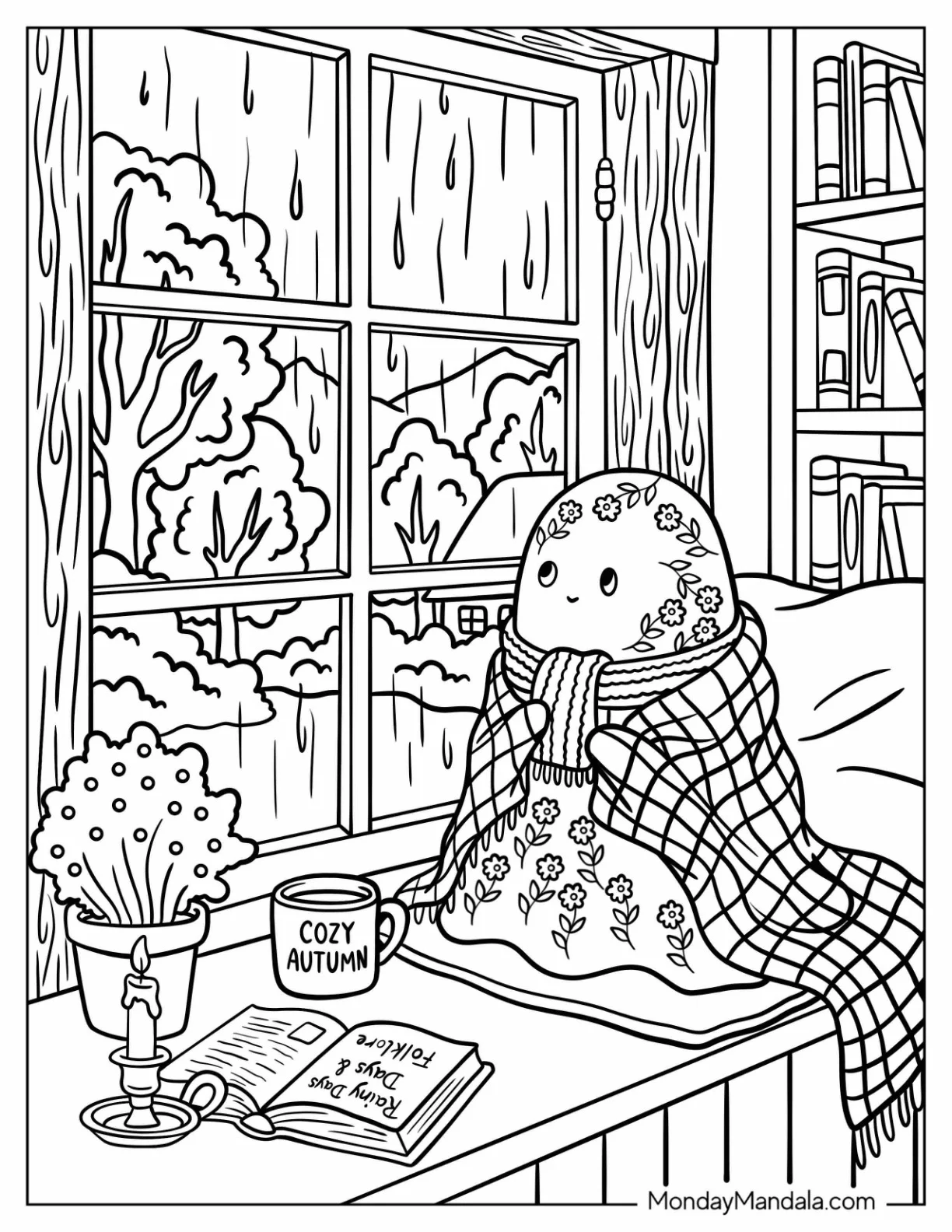 Floral Ghost with Scarf and Blanket in Autumn coloring page