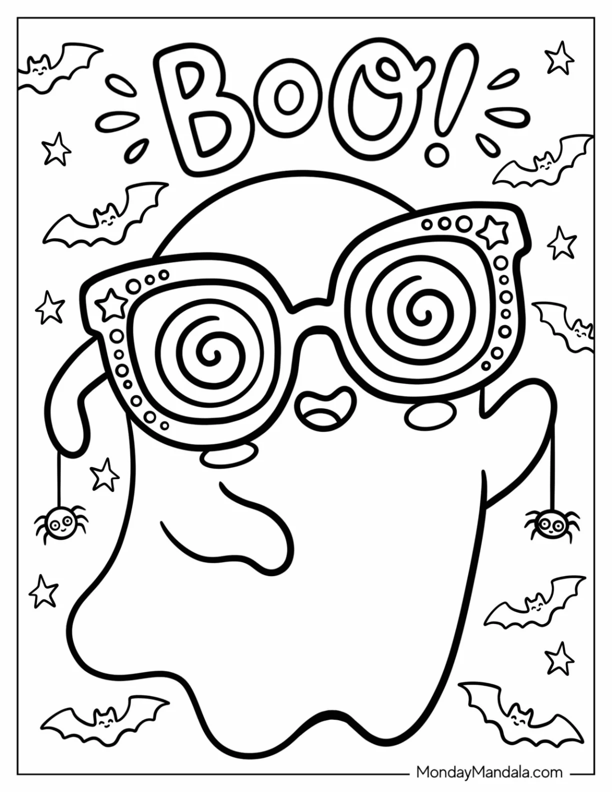 Fun Ghost Wearing Spiral Sunglasses Coloring Sheet for Kids coloring page