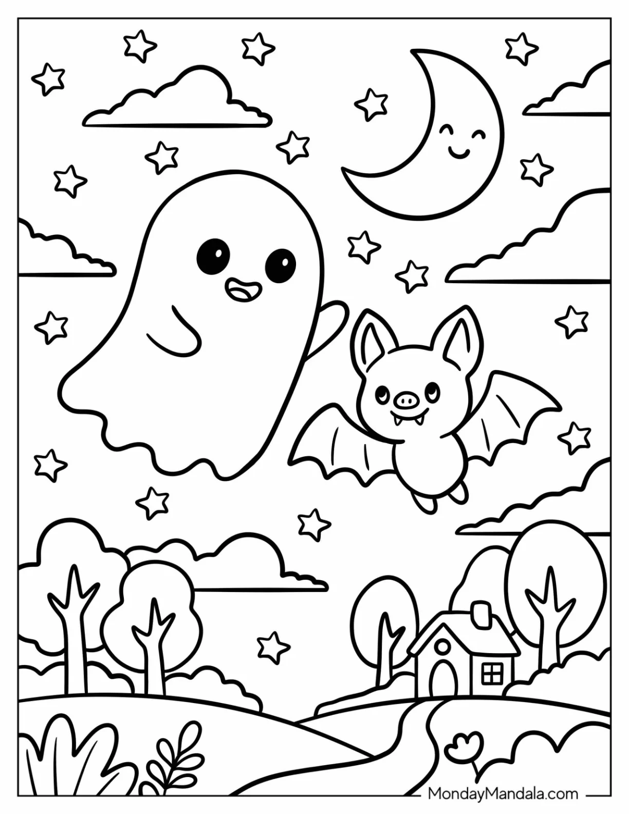 Ghost and Bat Flying in the Night Sky coloring page