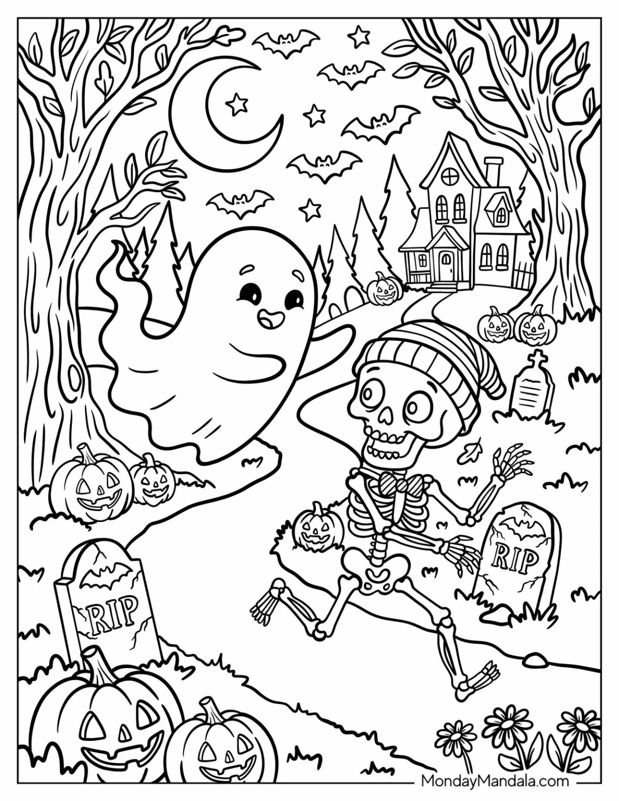 Ghost Chasing a Skeleton Out of a Haunted Castle coloring page — printable line art