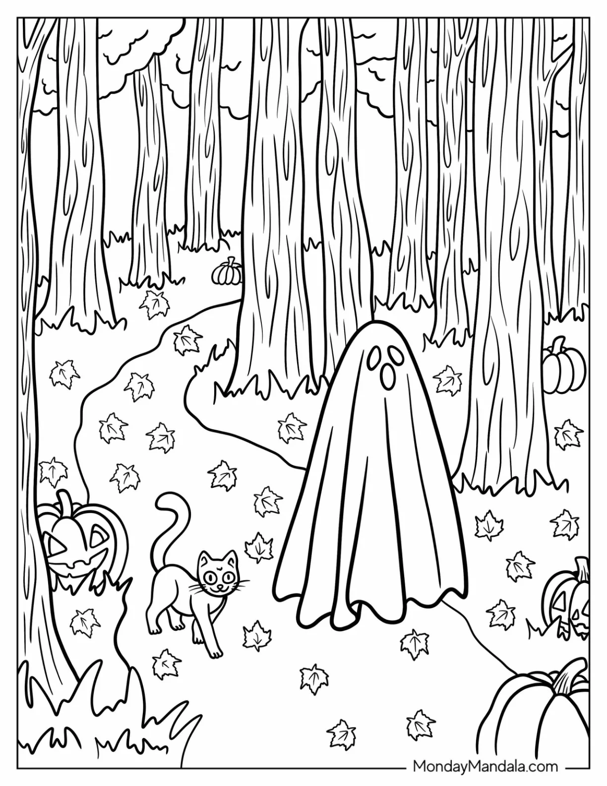 Ghost Coloring Page And Cat Walking In The Forest coloring page — printable line art