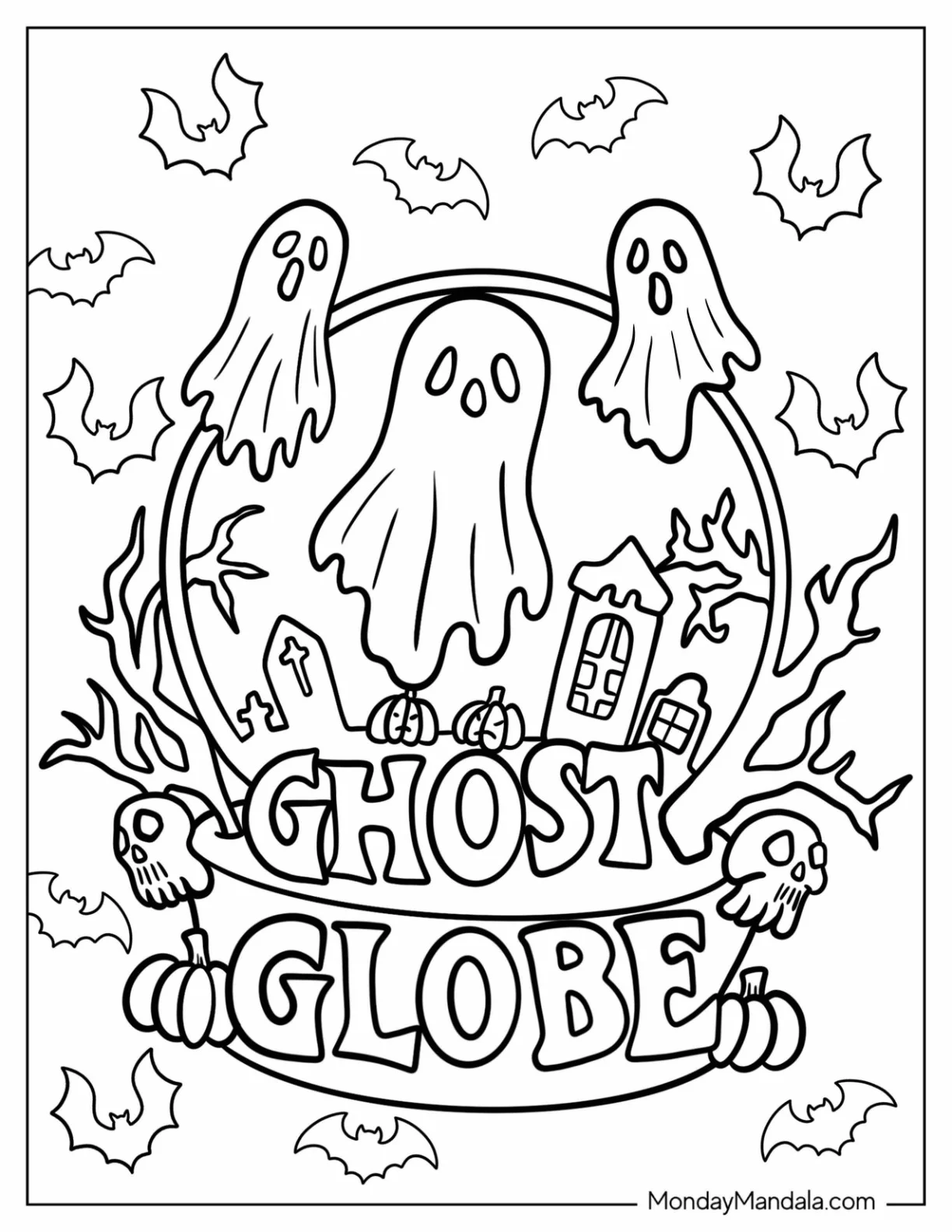 Ghost Coloring Page Globe With Bats And Skulls coloring page — printable line art