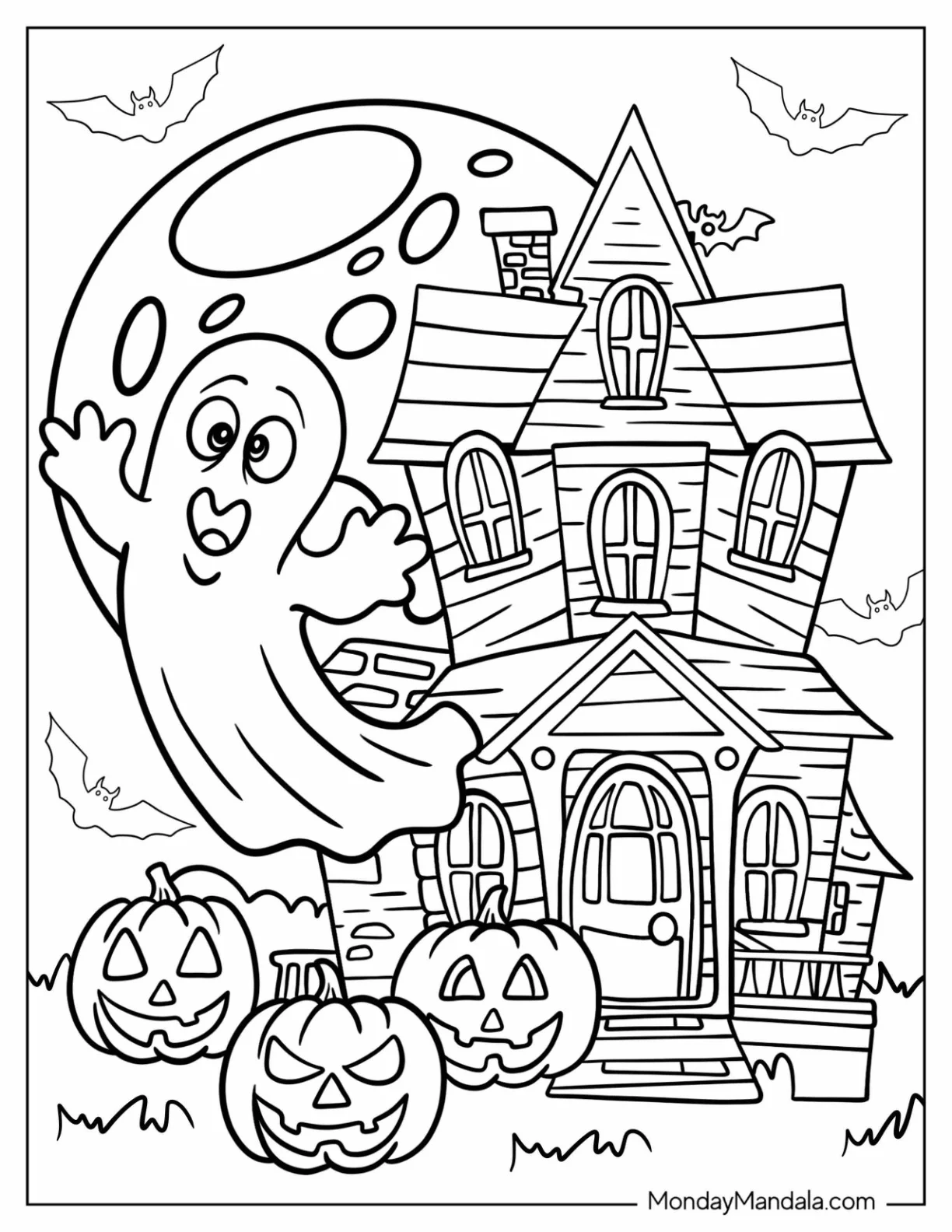 Ghost Coloring Page Hovering Outside A Haunted House On Halloween coloring page — printable line art
