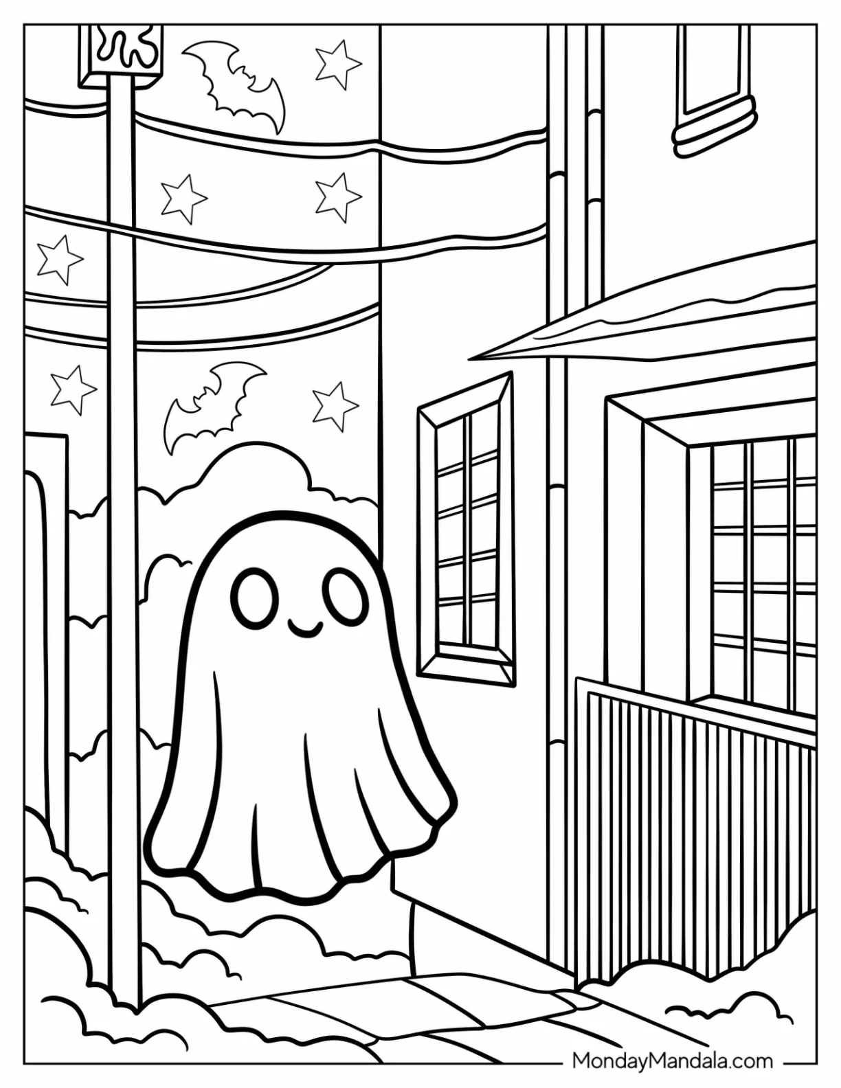 Ghost Coloring Page Lingering In A Cozy Neighborhood coloring page