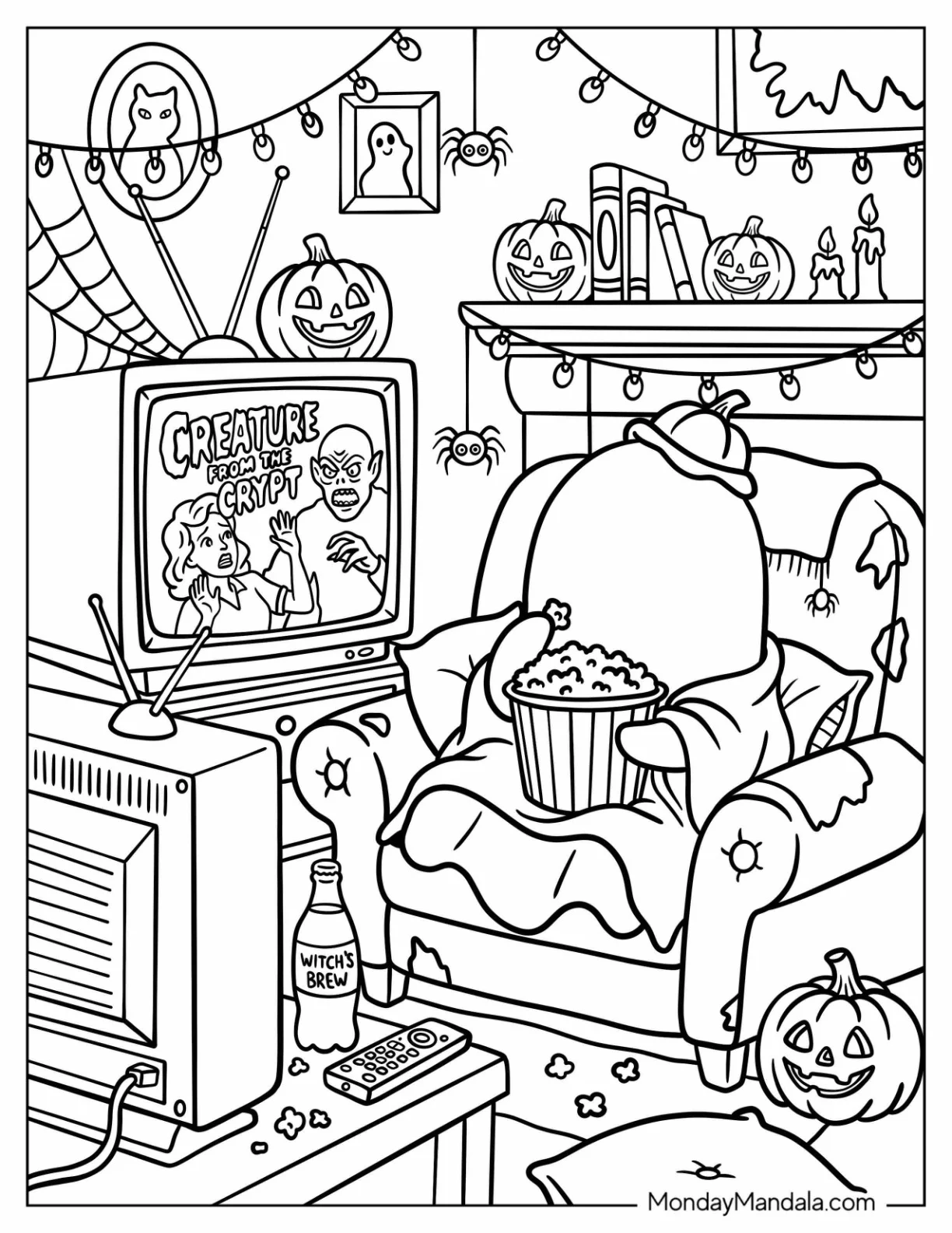 Ghost Eating Popcorn While Watching a Horror Movie coloring page — printable line art