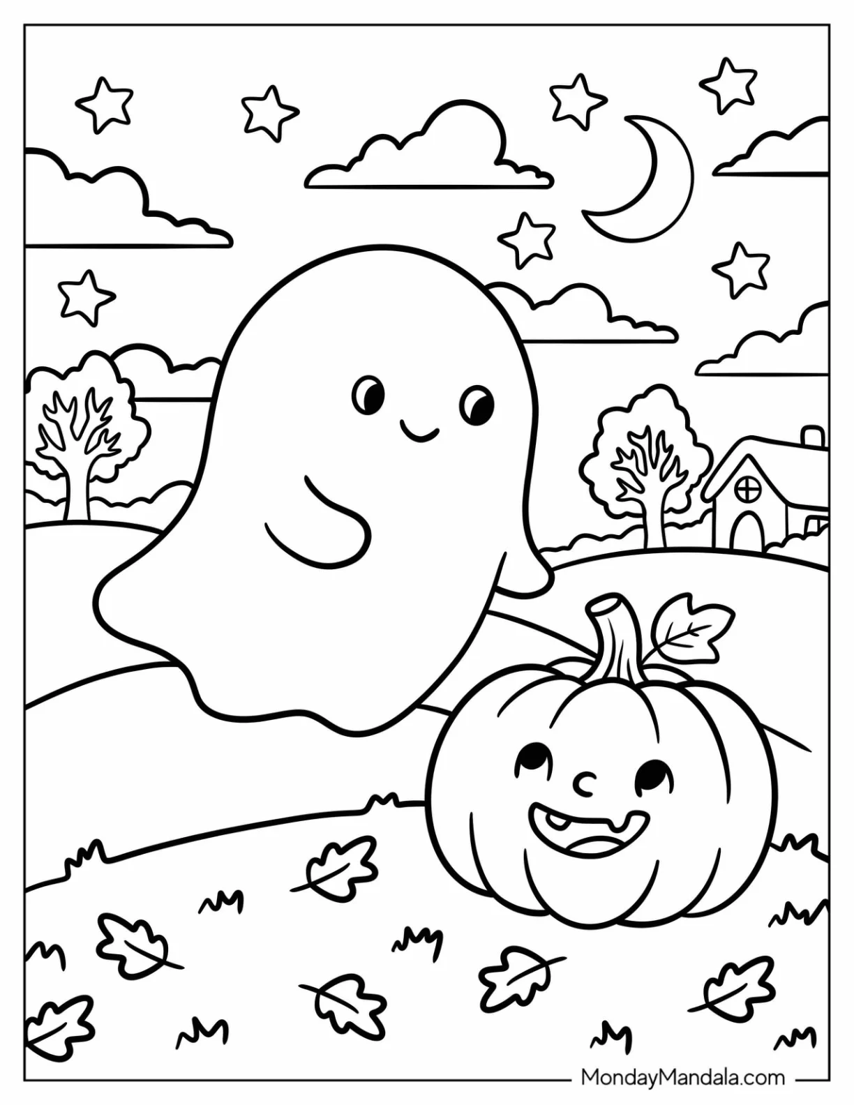 Ghost Floating Near a Jack O Lantern Coloring Page coloring page — printable line art