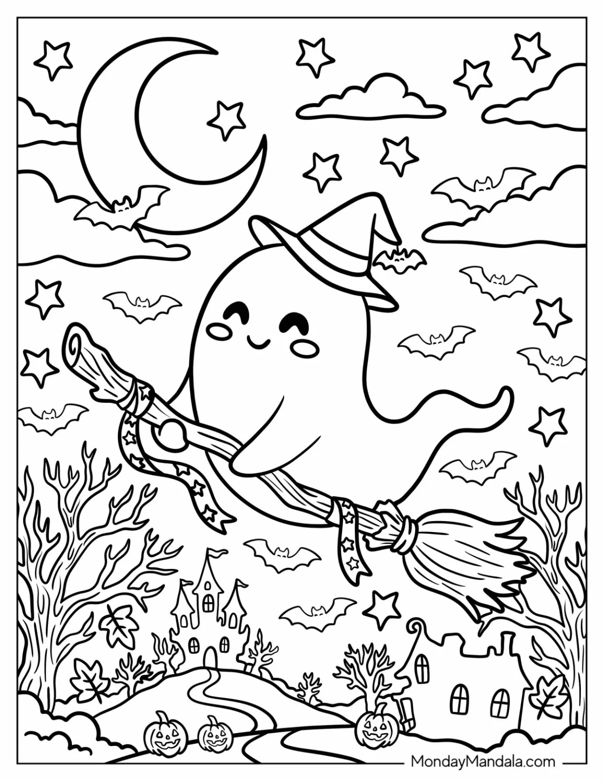 Ghost Flying on a Witch s Broom with Bats coloring page