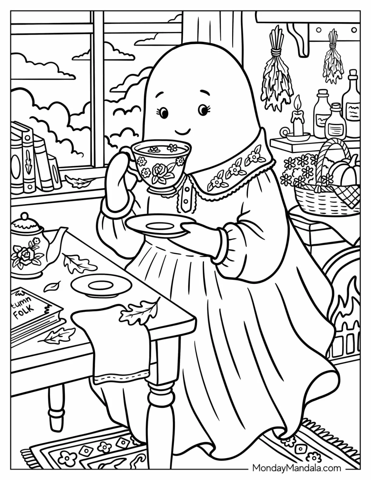 Ghost in a Pretty Dress Drinking Tea Coloring Page coloring page