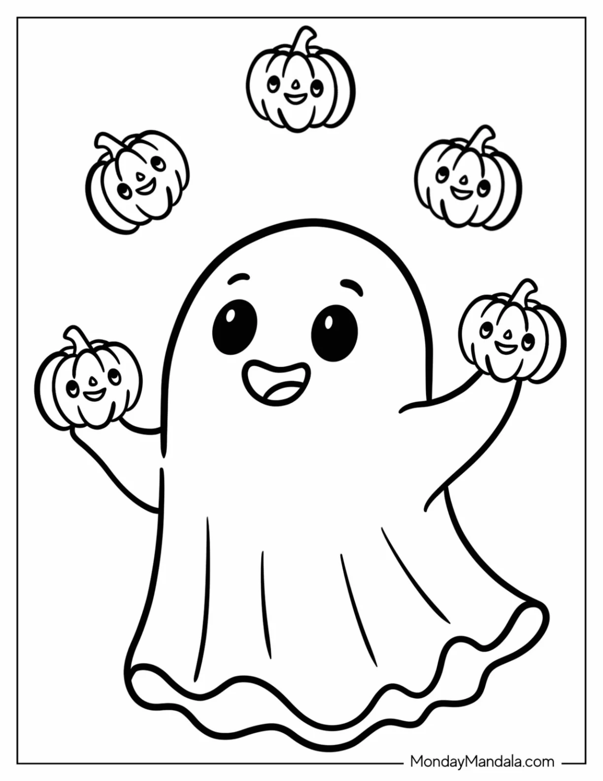 Ghost Juggling Pumpkins Coloring Page for Kids coloring page — printable line art