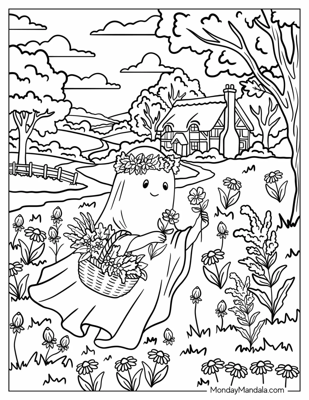 Ghost Picking Flowers in a Field Coloring Sheet coloring page — printable line art