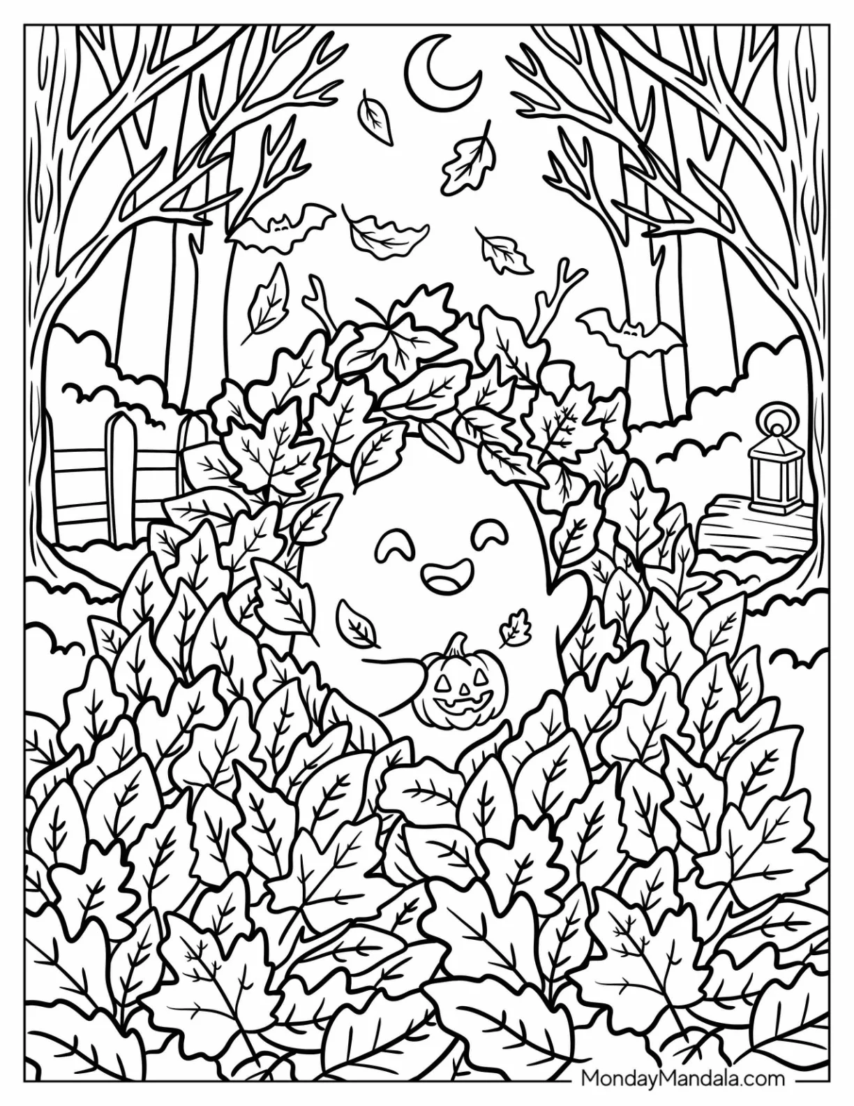 Ghost Playing with Fall Leaves Coloring Page coloring page — printable line art