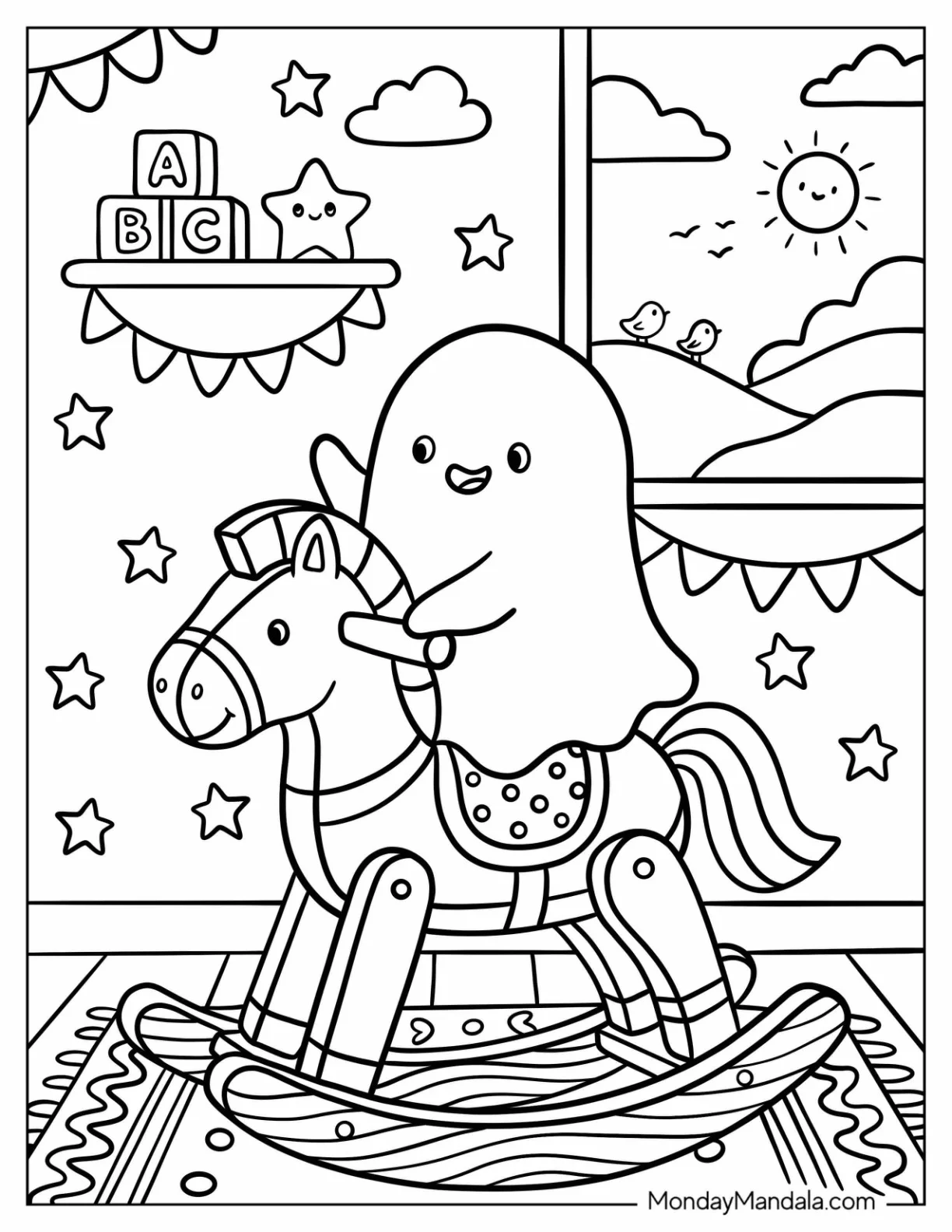 Ghost Riding a Toy Horse Coloring Page coloring page