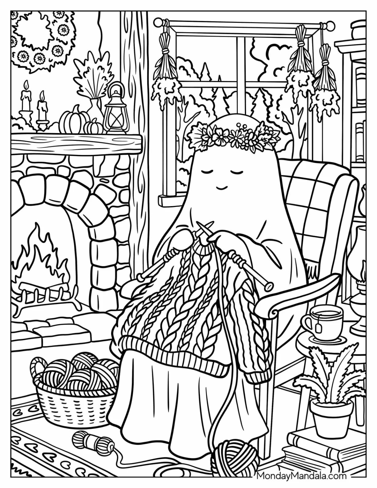 Ghost with Flower Crown Knitting a Sweater Coloring Sheet coloring page — printable line art