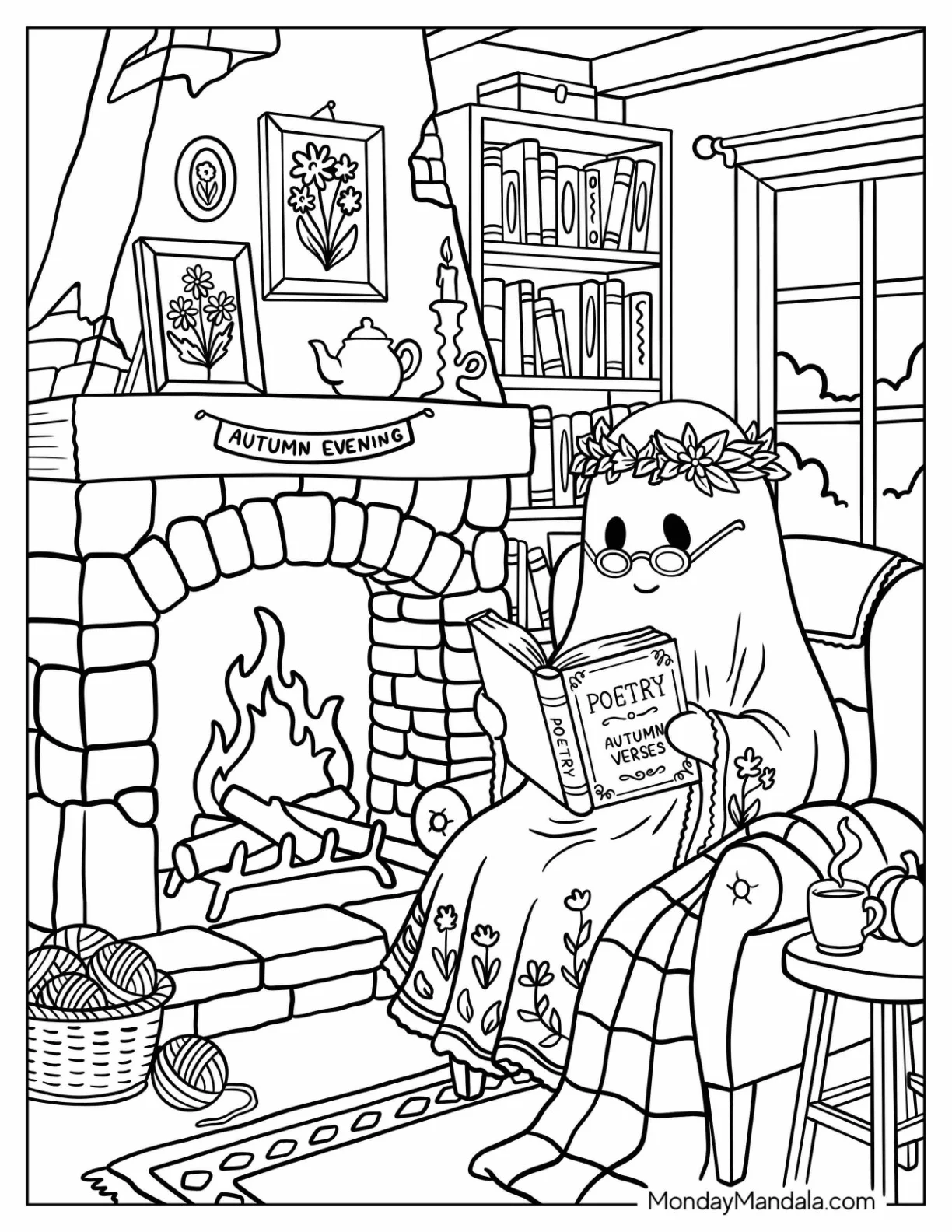 Grandmother Ghost Reading Poetry in the Living Room coloring page — printable line art