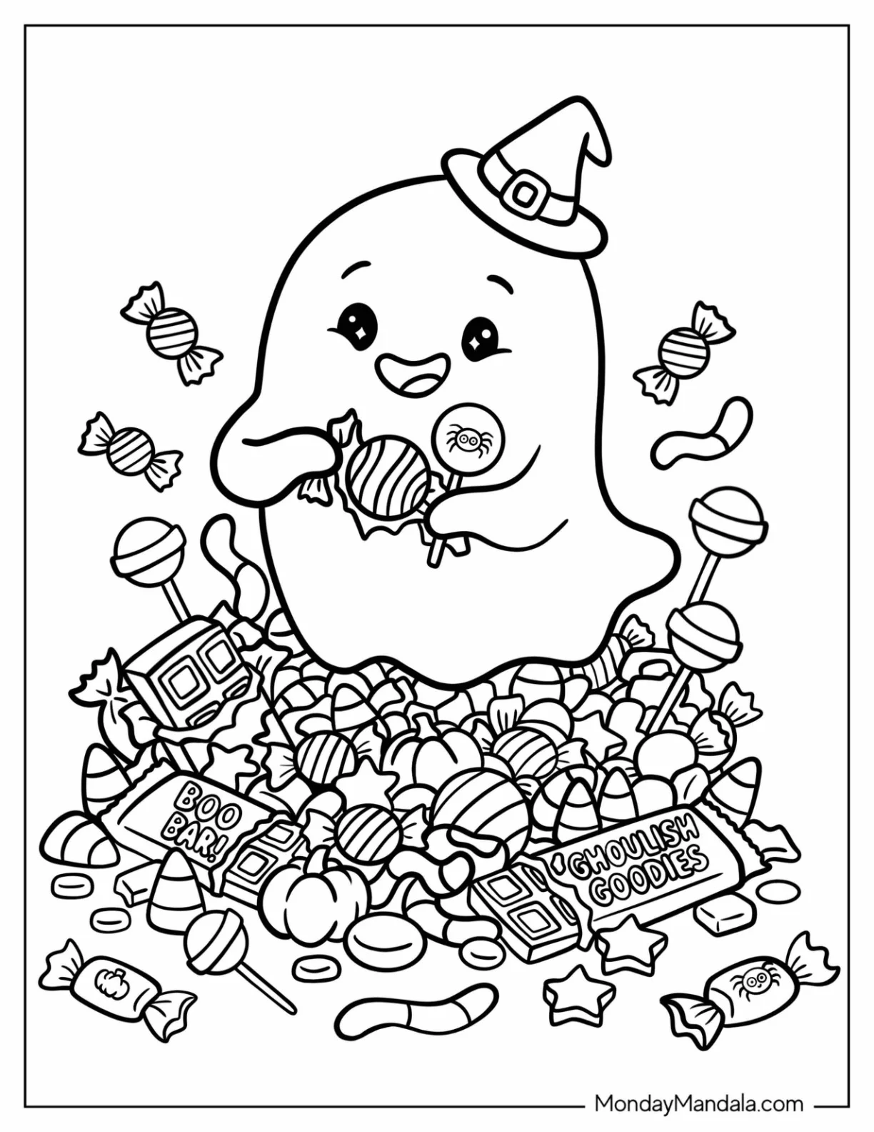 Hungry Ghost Eating Halloween Candies Coloring Page coloring page — printable line art