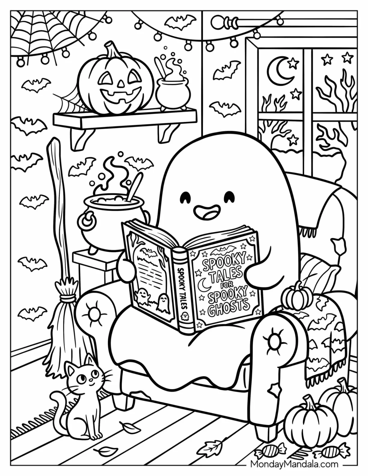 Nerdy Ghost Reading Spooky Tales on Halloween coloring page