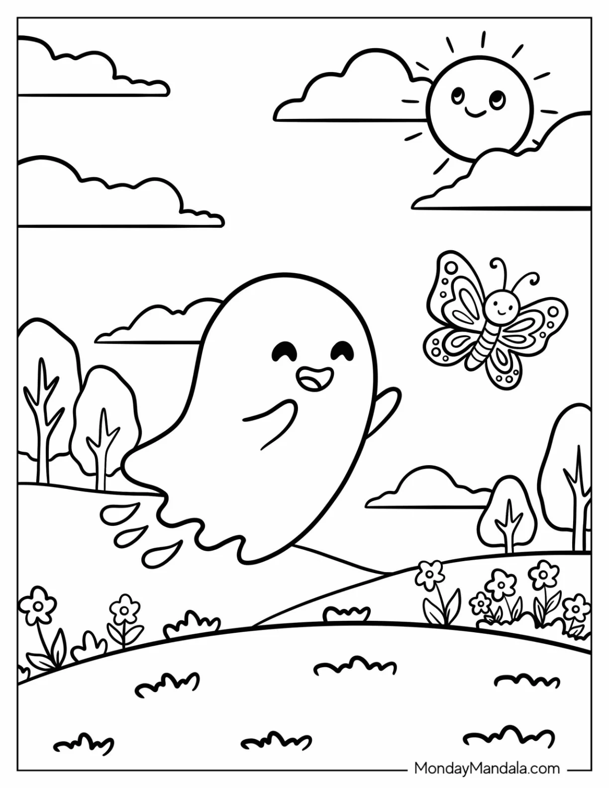 Playful Ghost Chasing a Butterfly Coloring Sheet coloring page