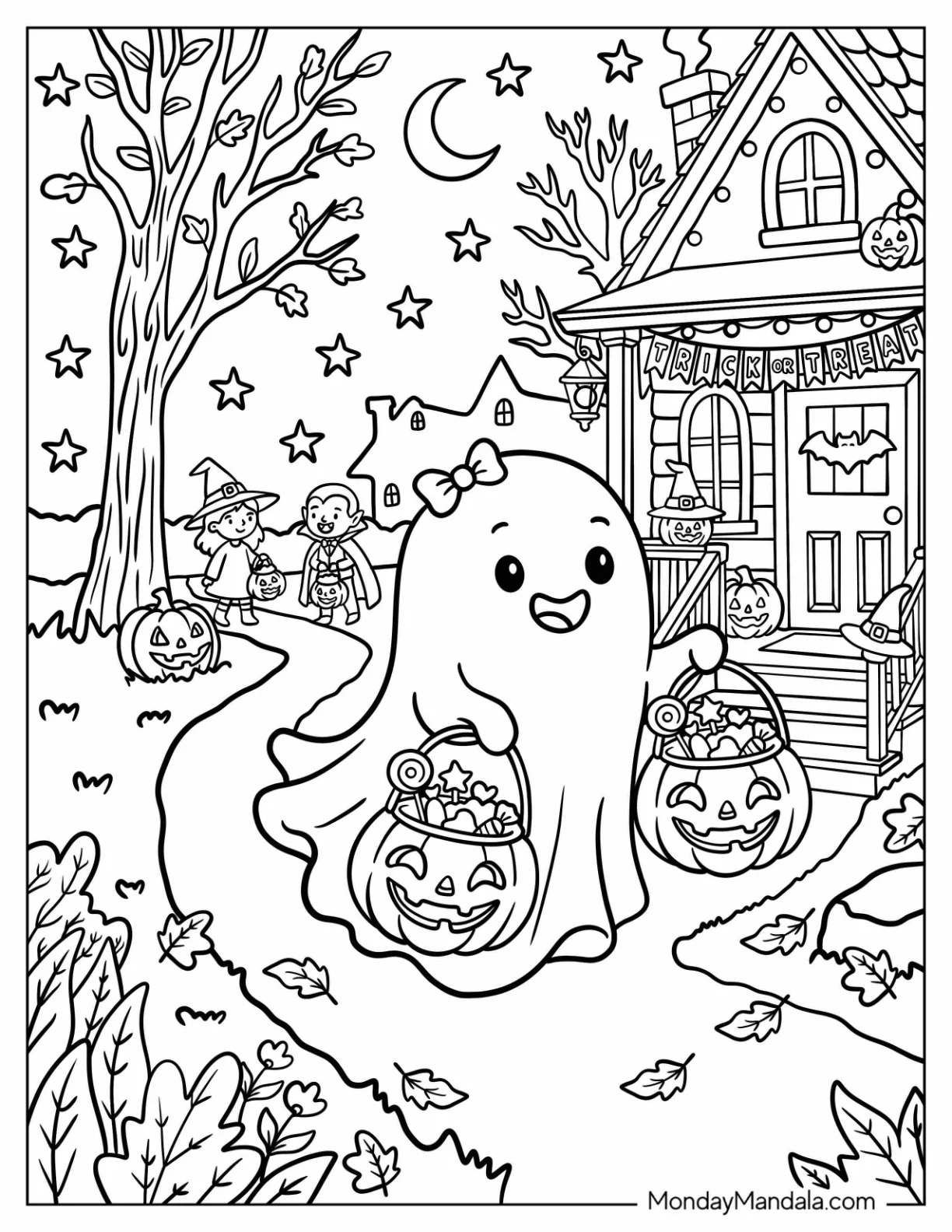 Pretty Ghost Carrying Trick or Treat Bags on Halloween coloring page