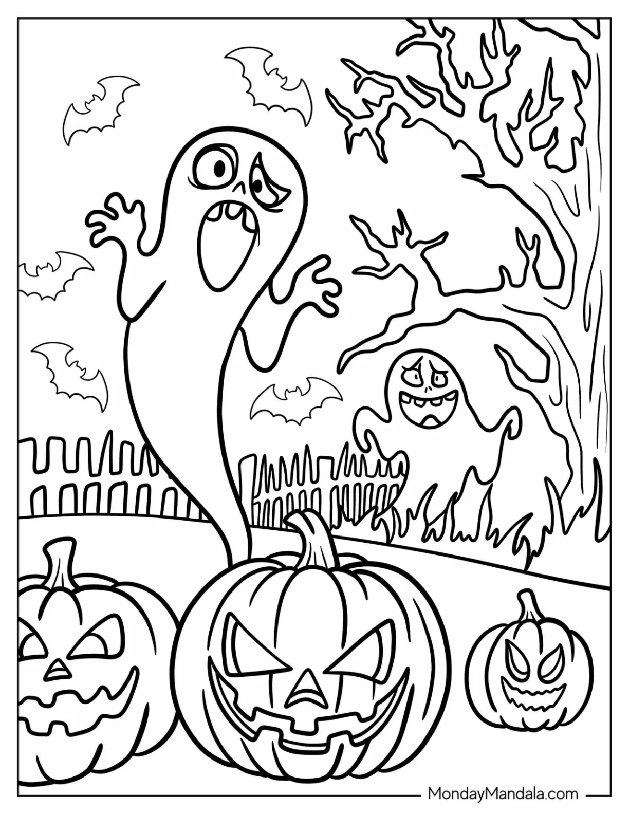 Scary Ghost Coloring Page In The Cemetery On Halloween coloring page — printable line art