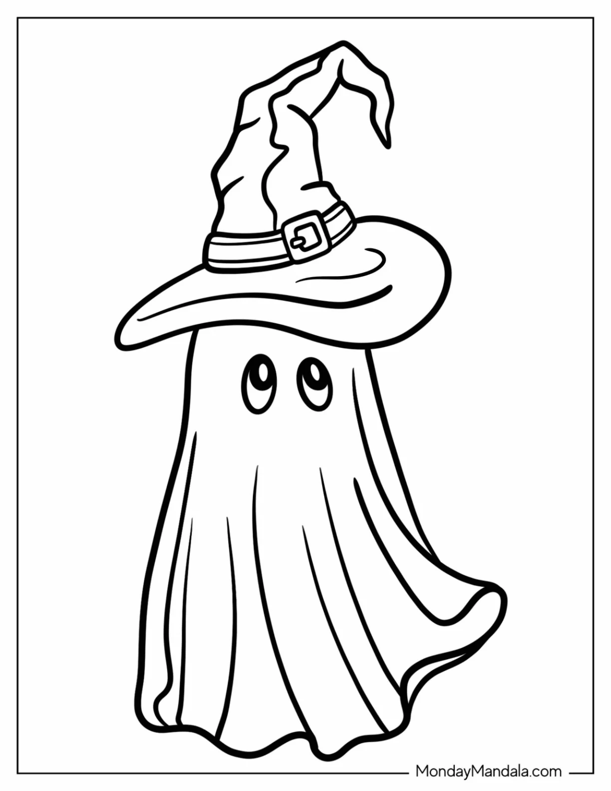Simple Ghost Coloring Page Wearing A Witch s Hat For Kids coloring page — printable line art