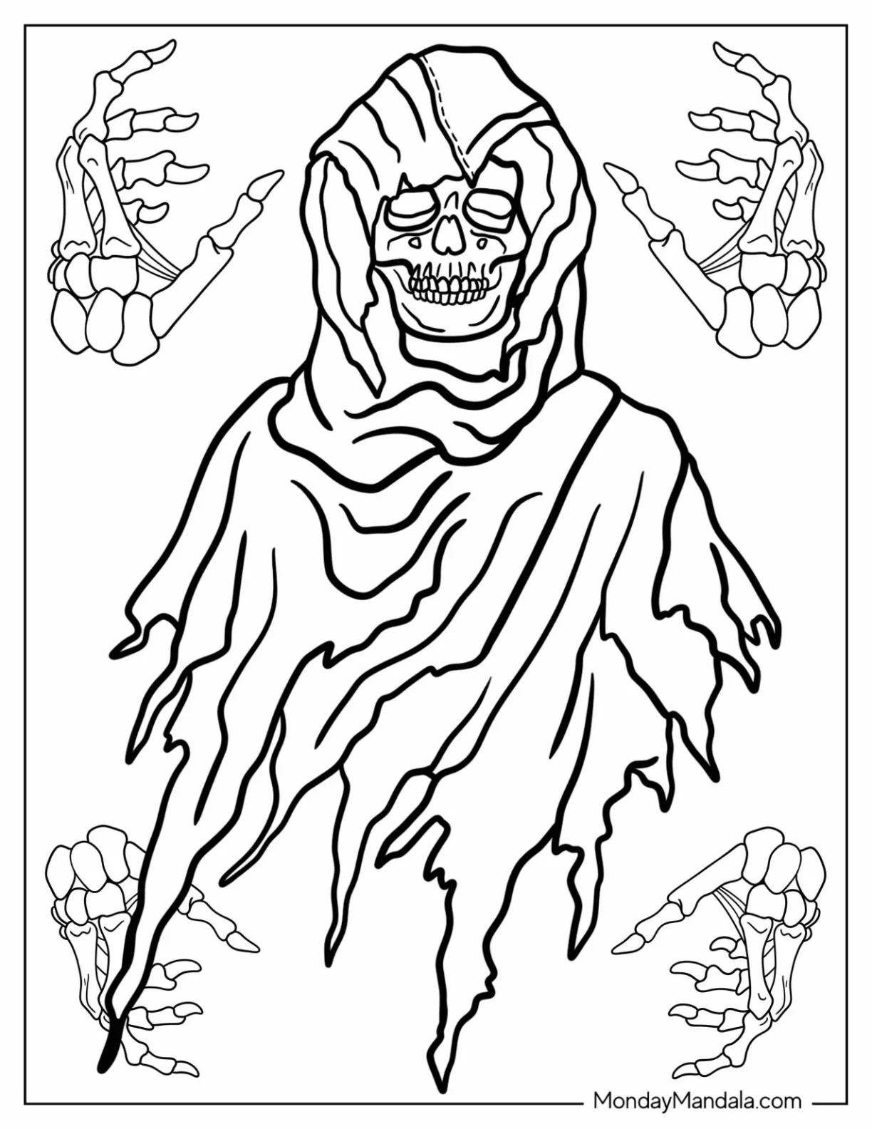 Terrifying Skeleton Ghost Coloring Page With Torn Cape coloring page — printable line art