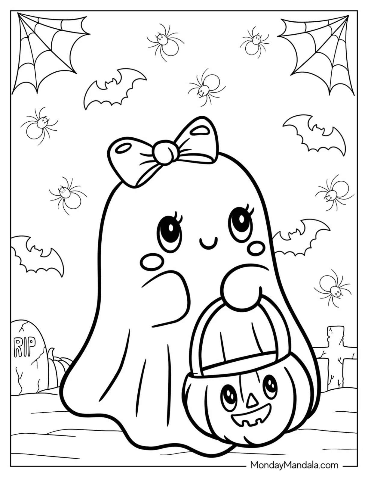 Trick or Treating Ghost Coloring Page With A Bow And A Jack O Lantern Bag coloring page