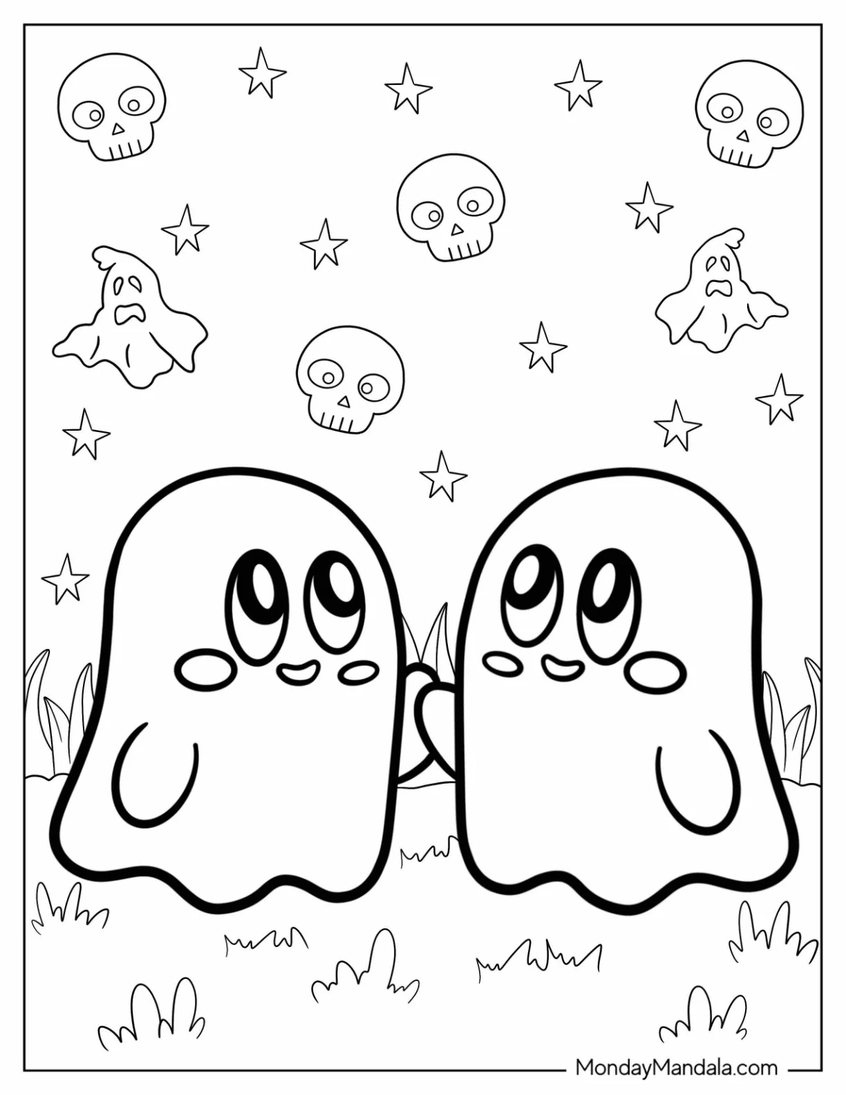 Two Little Ghost Coloring Page Bonding Under The Stars coloring page — printable line art