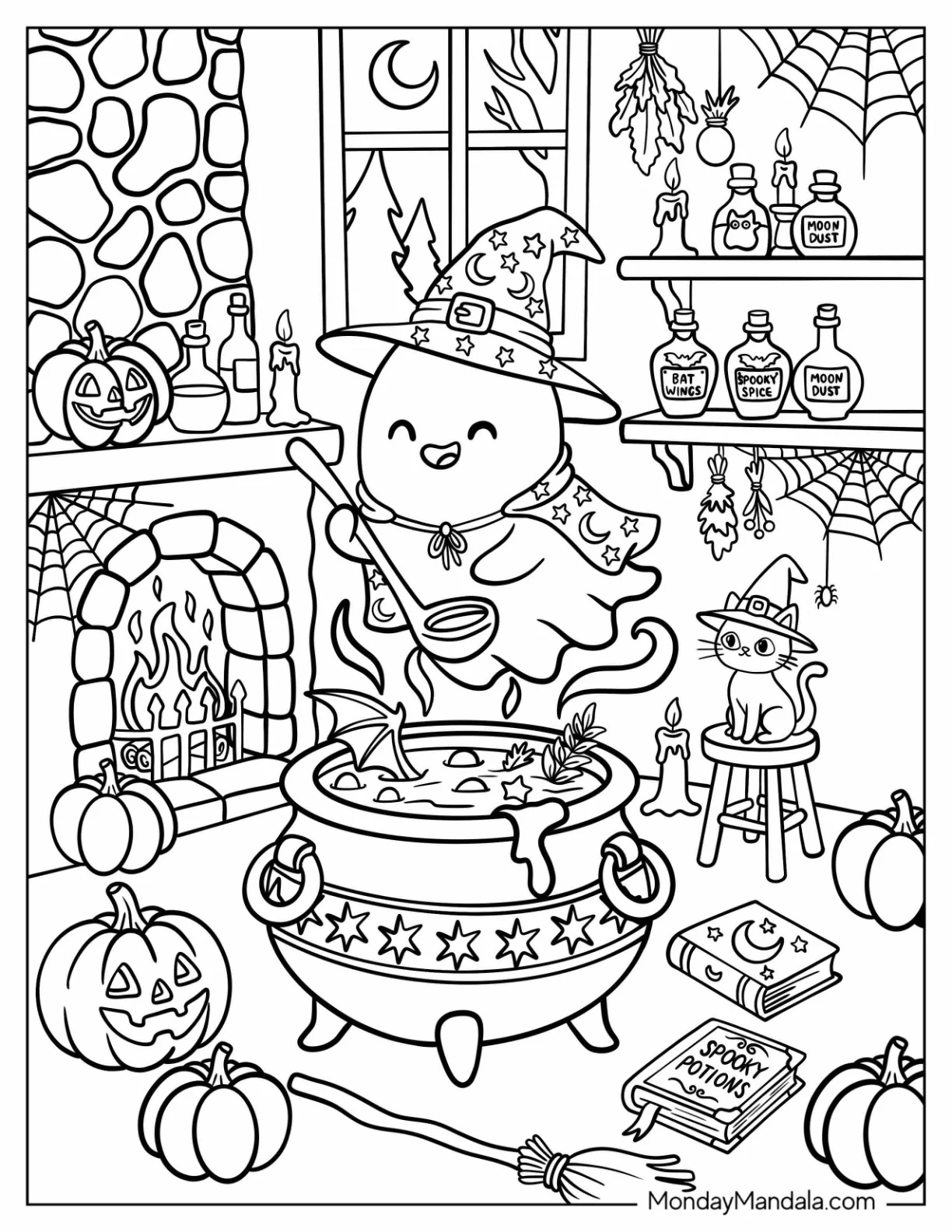 Witch Ghost Stirring a Magic Cauldron Coloring Page coloring page