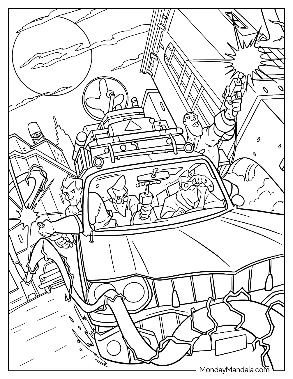Cartoon Ghostbusters Coloring Page Spenglar, Venkman, Zeddemore, And Stantz Riding In Ecto 1 coloring page — printable line art
