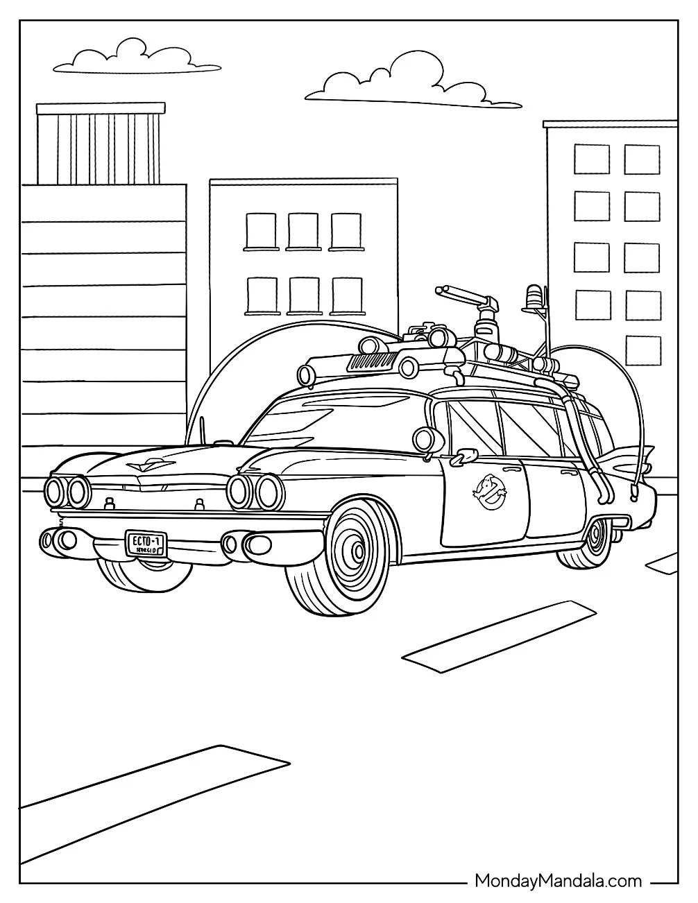 Ghostbusters Coloring Page Of Realistic Ecto 1 In The City coloring page