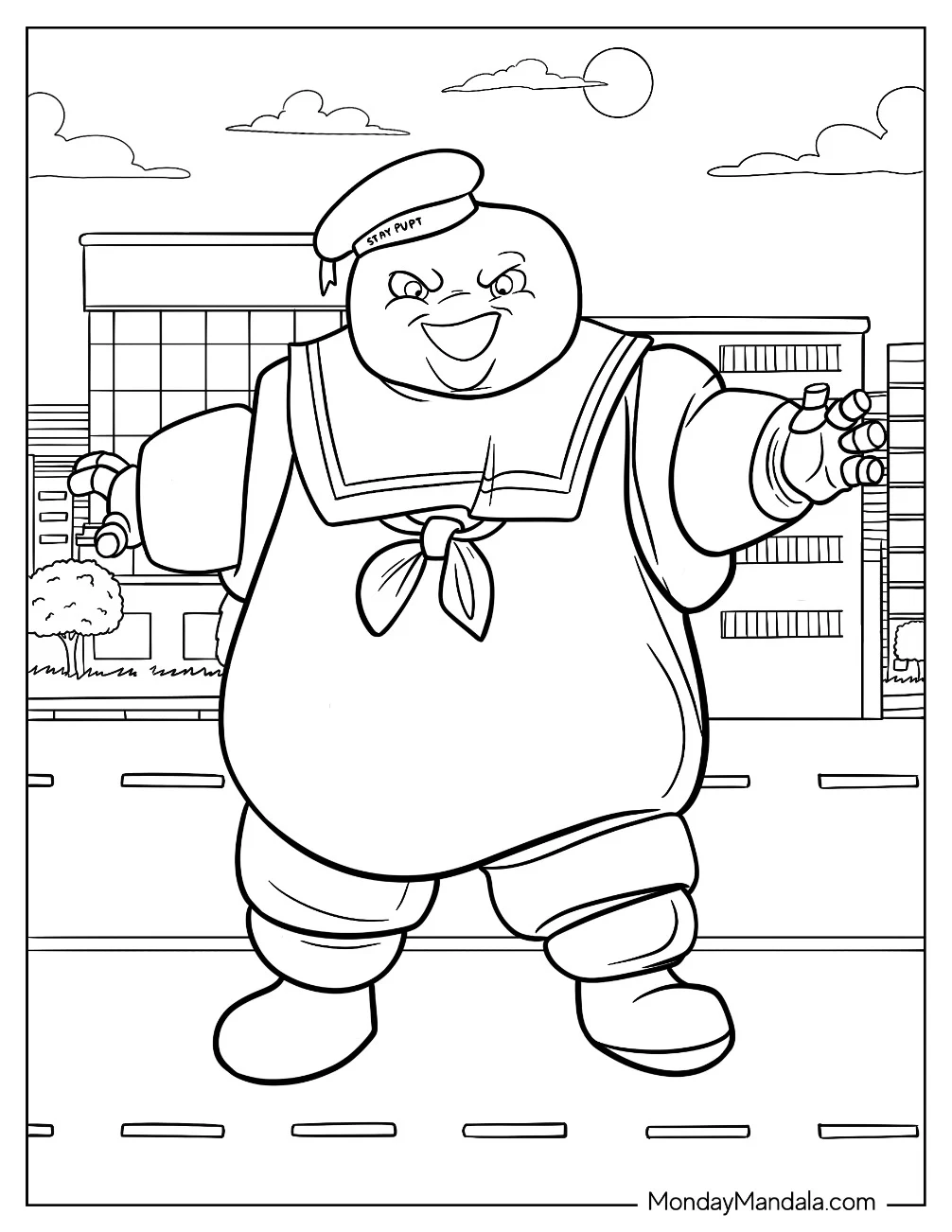 Ghostbusters Coloring Page Of Scary Marshmallow Man In The City coloring page