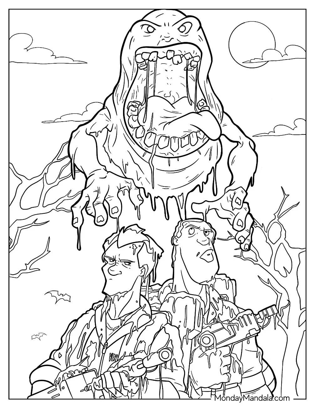 Ghostbusters Coloring Page Of Slimer Dripping Slime On Zeddemore And Stantz coloring page — printable line art