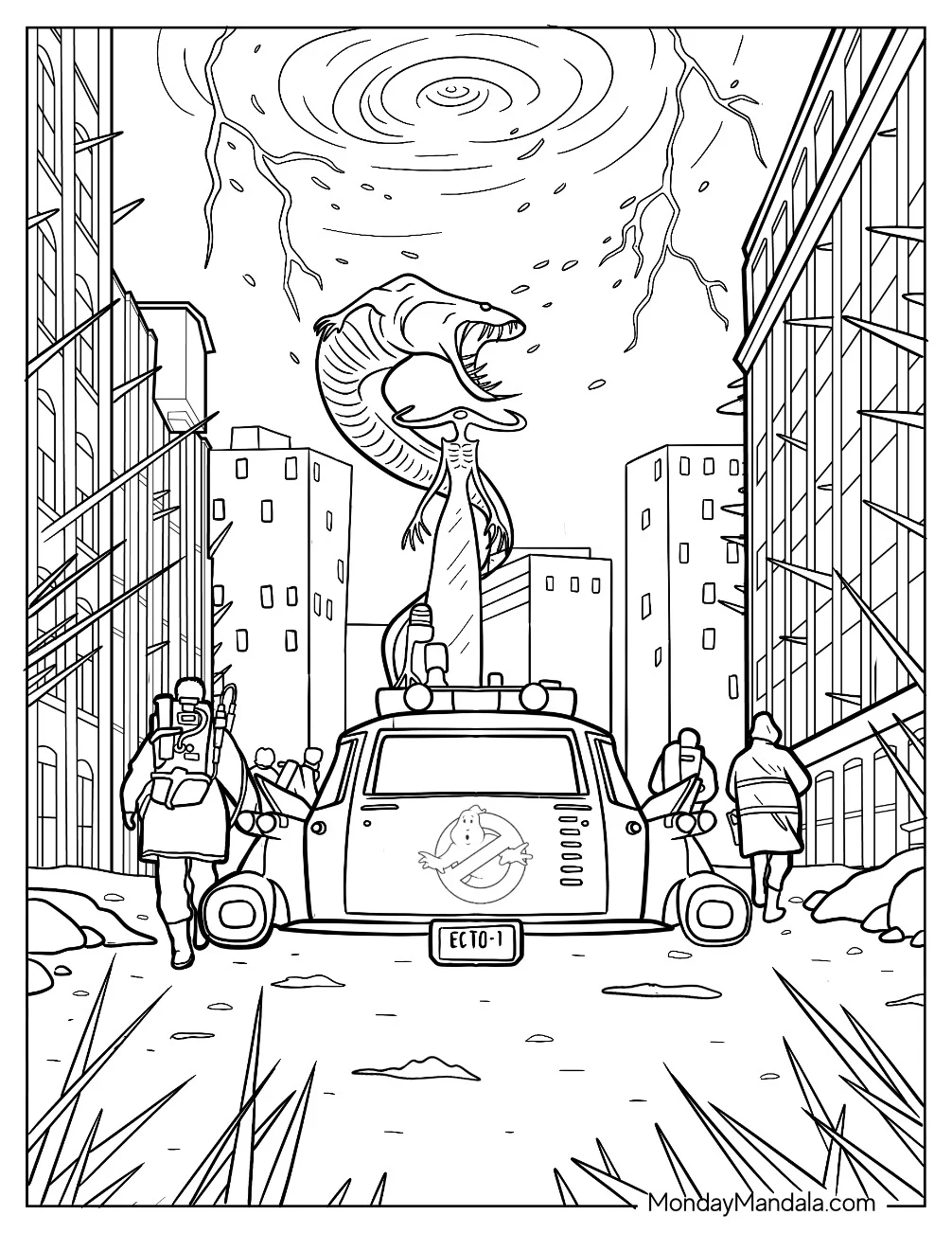 Ghostbusters Coloring Page Of Walking Towards Ghosts In The City coloring page