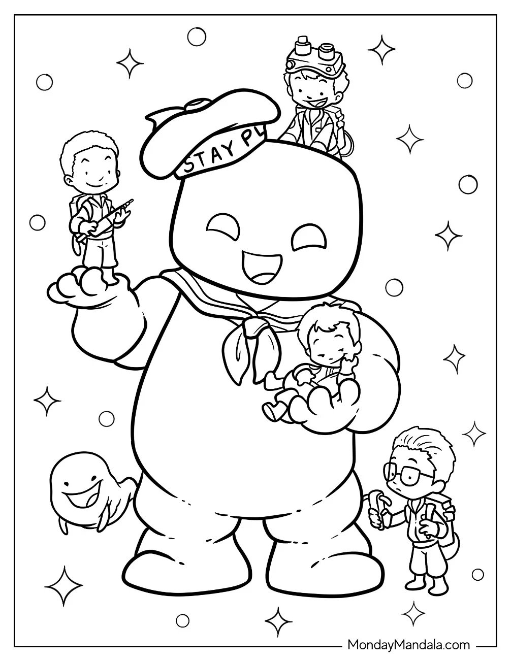 Kawaii Marshmallow Man Carrying Ghostbusters Coloring Page For Kids coloring page