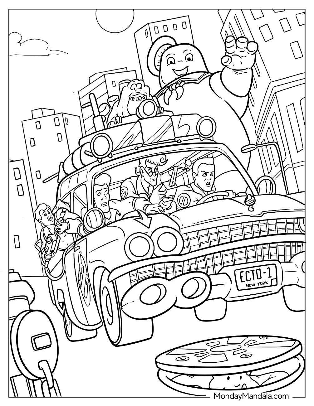 Marshmallow Man And Slimer Chasing Ghostbusters Coloring Page coloring page