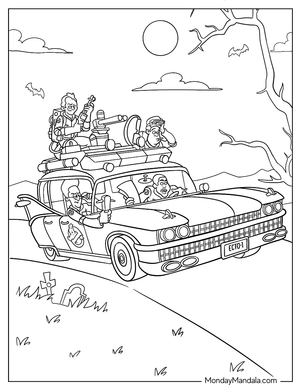 Original Ghostbusters Coloring Page Riding Ecto 1 For Kids coloring page