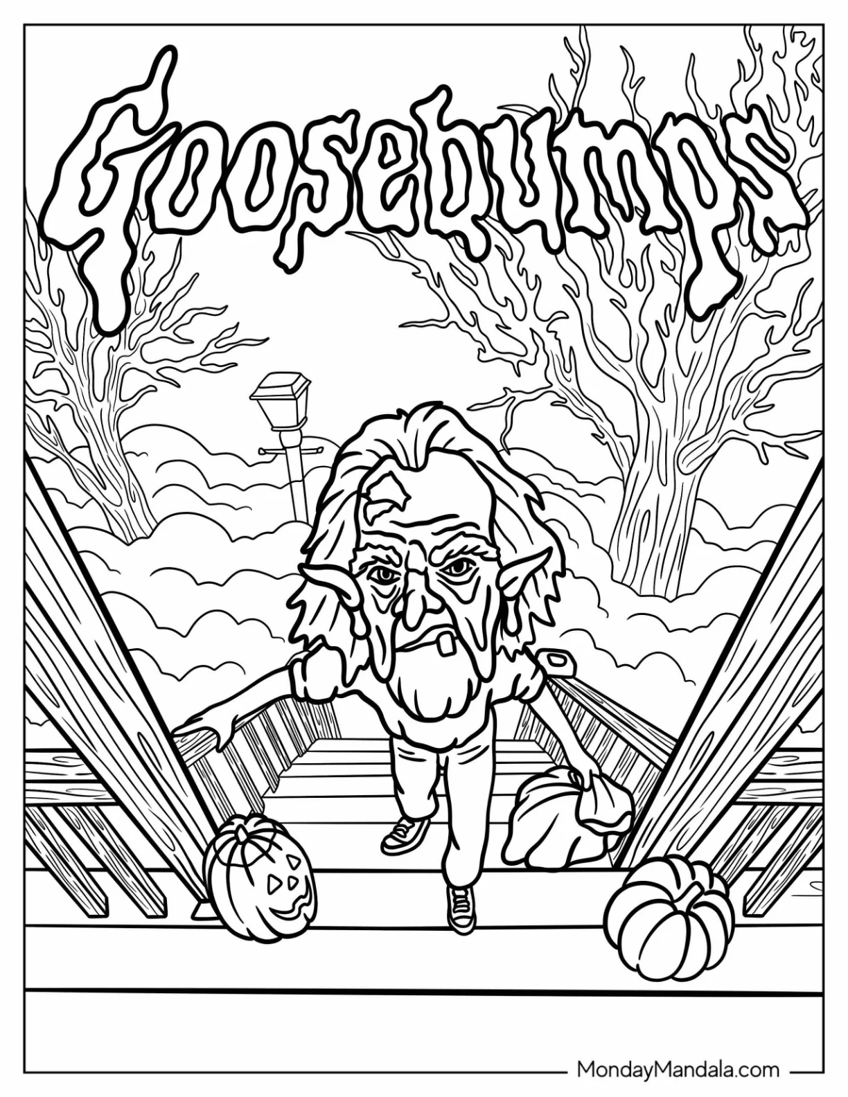 Goosebumps Coloring Page Boy Wearing A Monster Mask Climbing Up Porch coloring page — printable line art