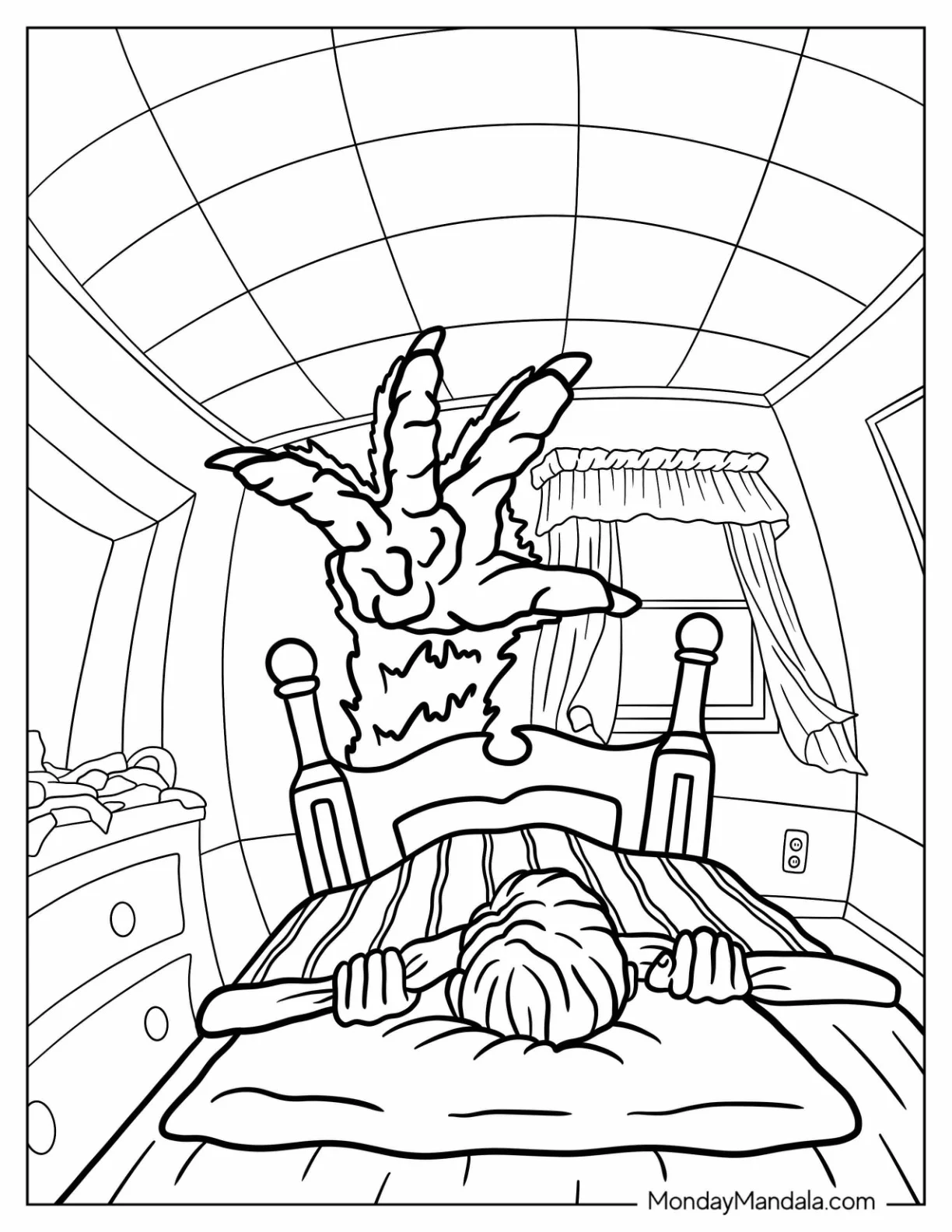Goosebumps Coloring Page Don't Go To Sleep Cover With Monster's Hand Reaching For A Boy coloring page
