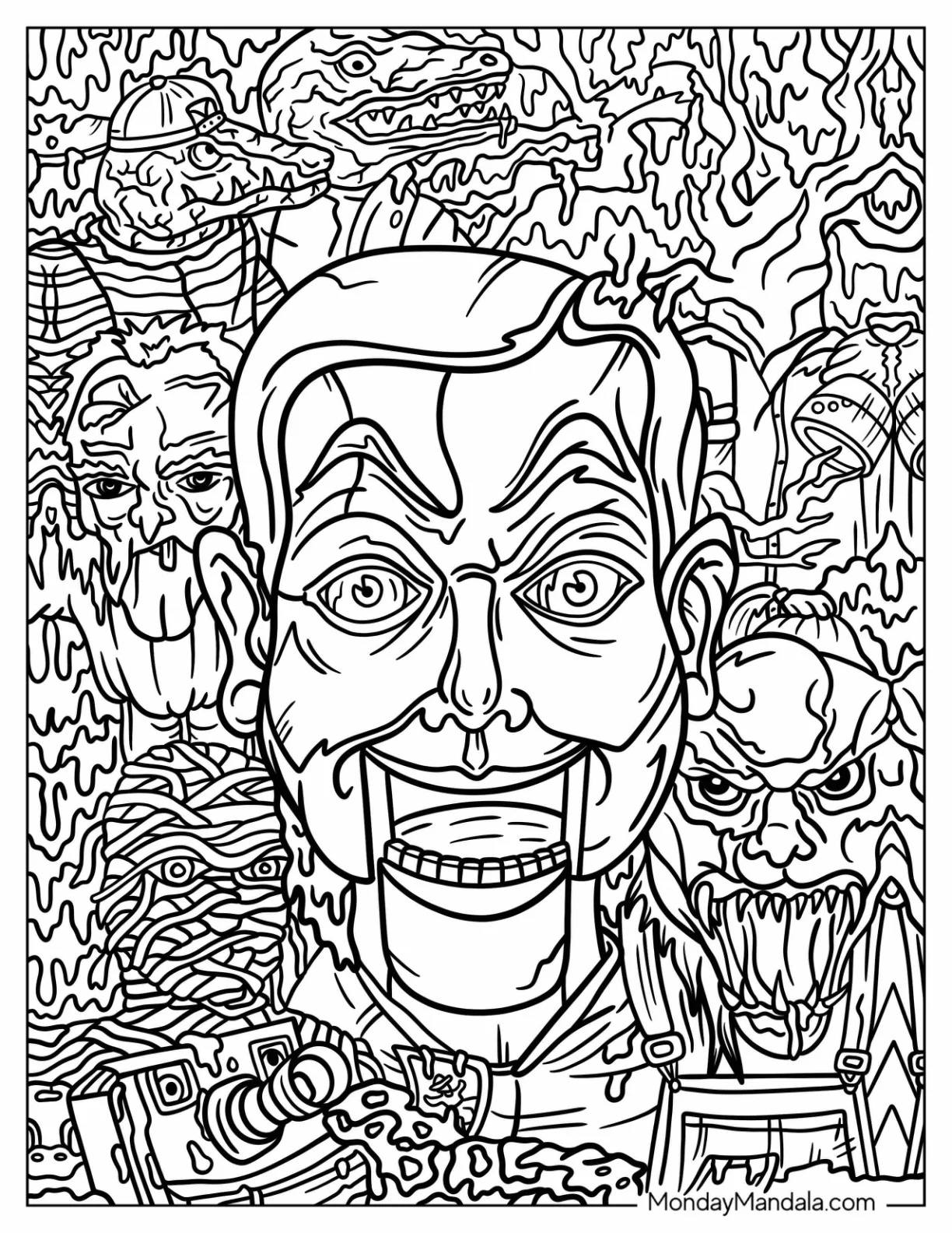 Goosebumps Coloring Page of Detailed Slappy The Dummy Face With Monsters coloring page