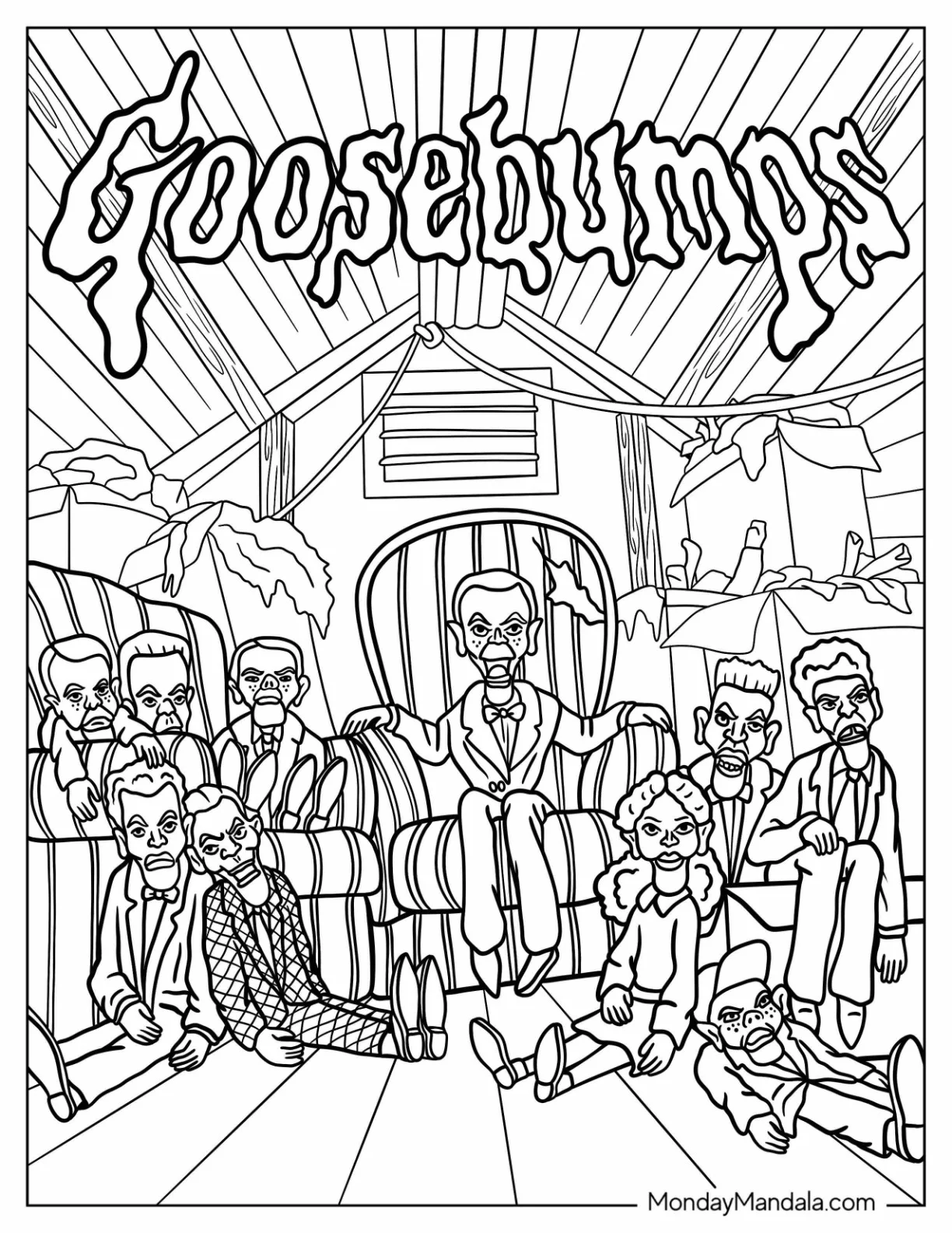 Goosebumps Coloring Page Of Slappy The Dummy And Family In The Attic coloring page