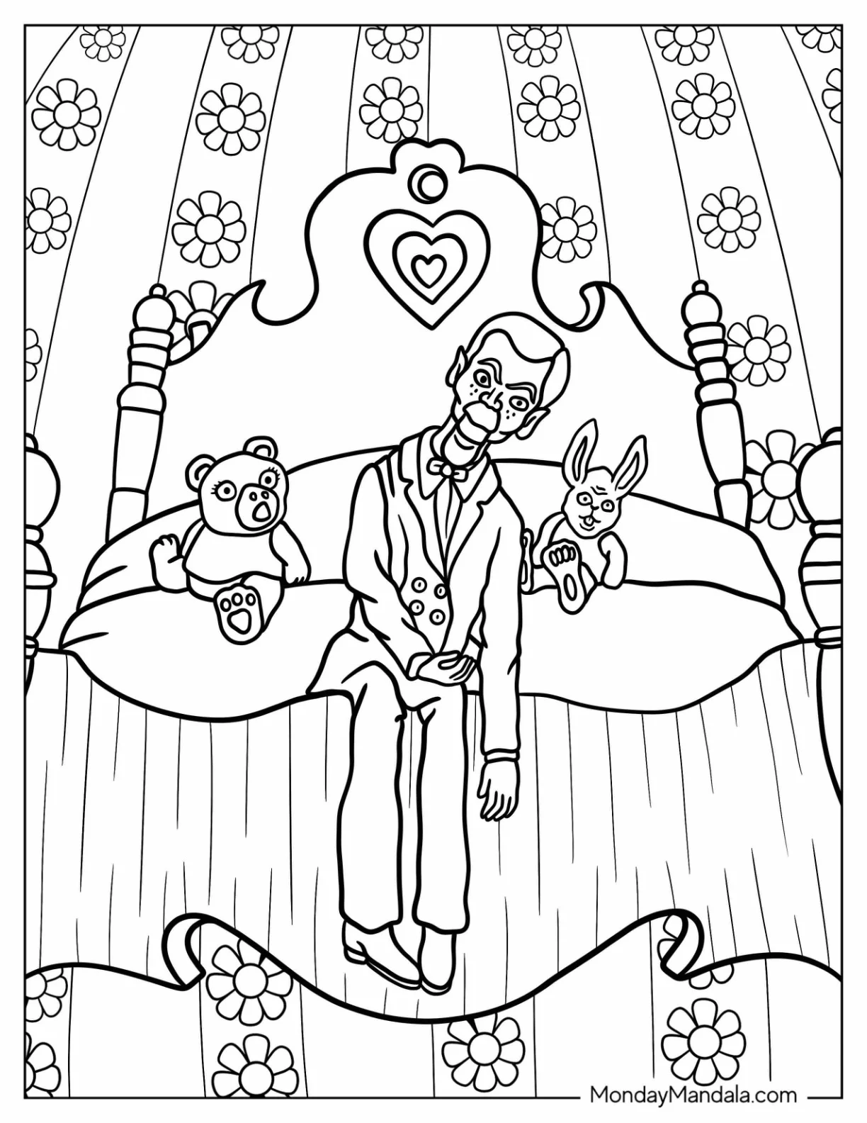 Goosebumps Coloring Page Slappy The Dummy Sitting On A Bed With Toys coloring page