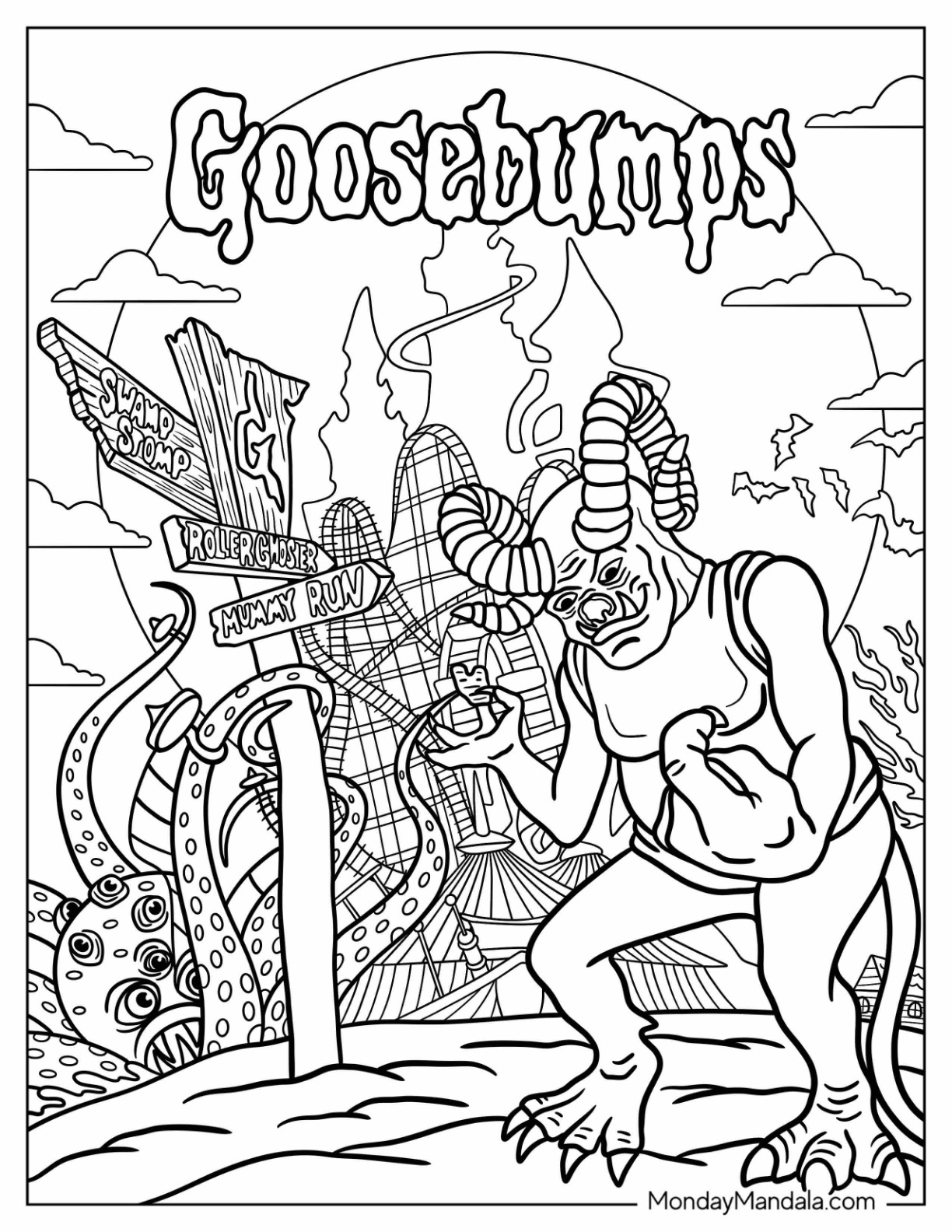 Goosebumps Coloring Page With Monsters In Front Of Horrorland coloring page — printable line art