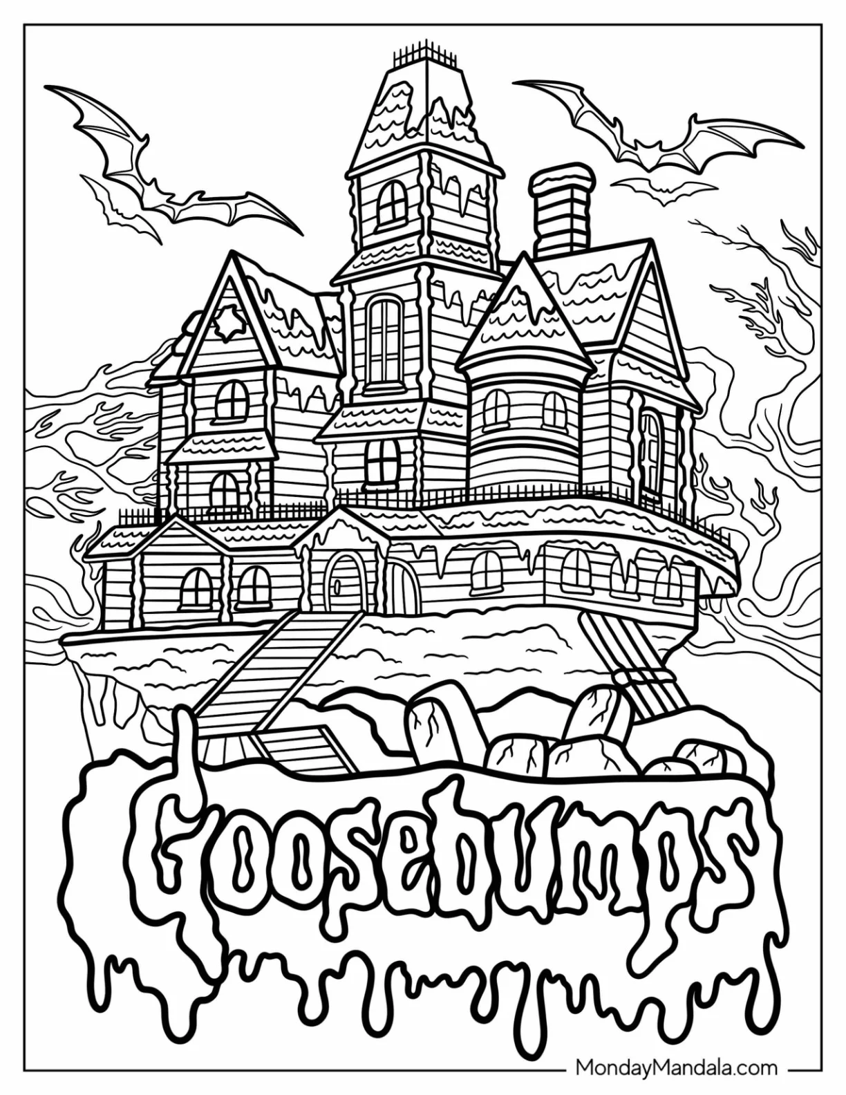 Intricate Goosebumps Coloring Page Haunted House With Bats coloring page