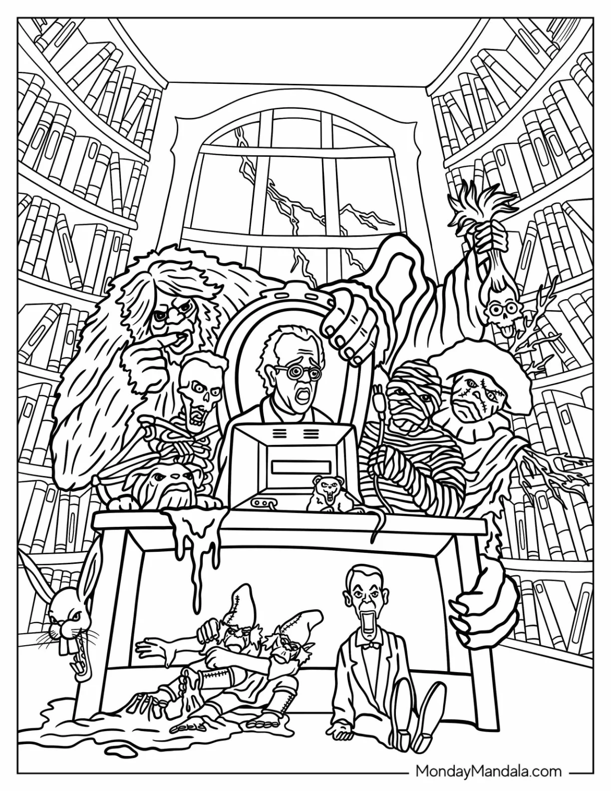 RL Stine Writing Goosebumps Coloring Page Of With Monsters Around Him coloring page