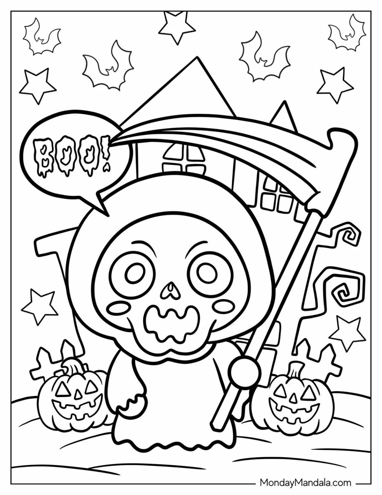 Adorable Grim Reaper Coloring Page Saying Boo In Front Of A Haunted Castle For Kids coloring page